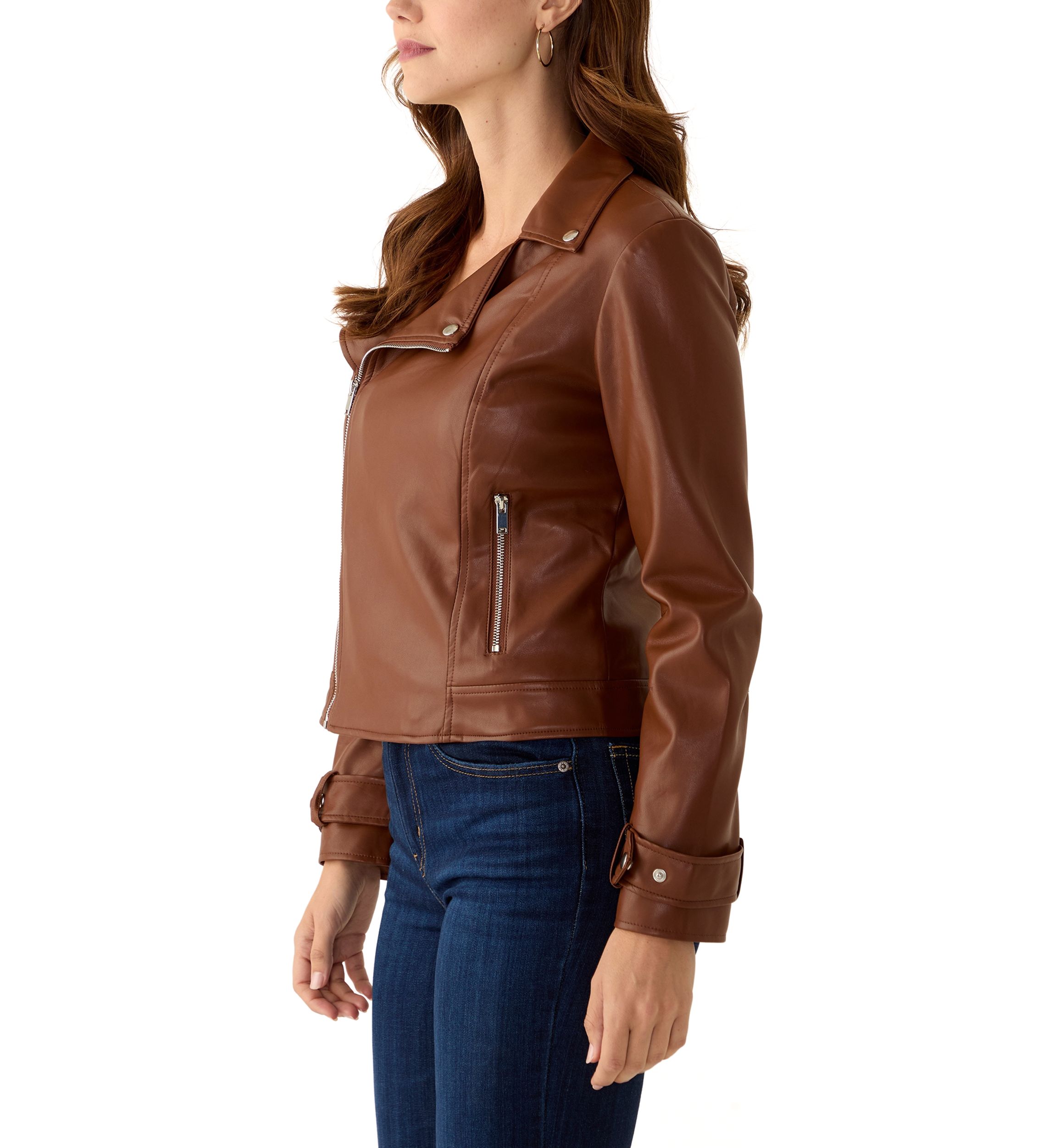Womens Vegan Leather Zip Front Moto Jacket