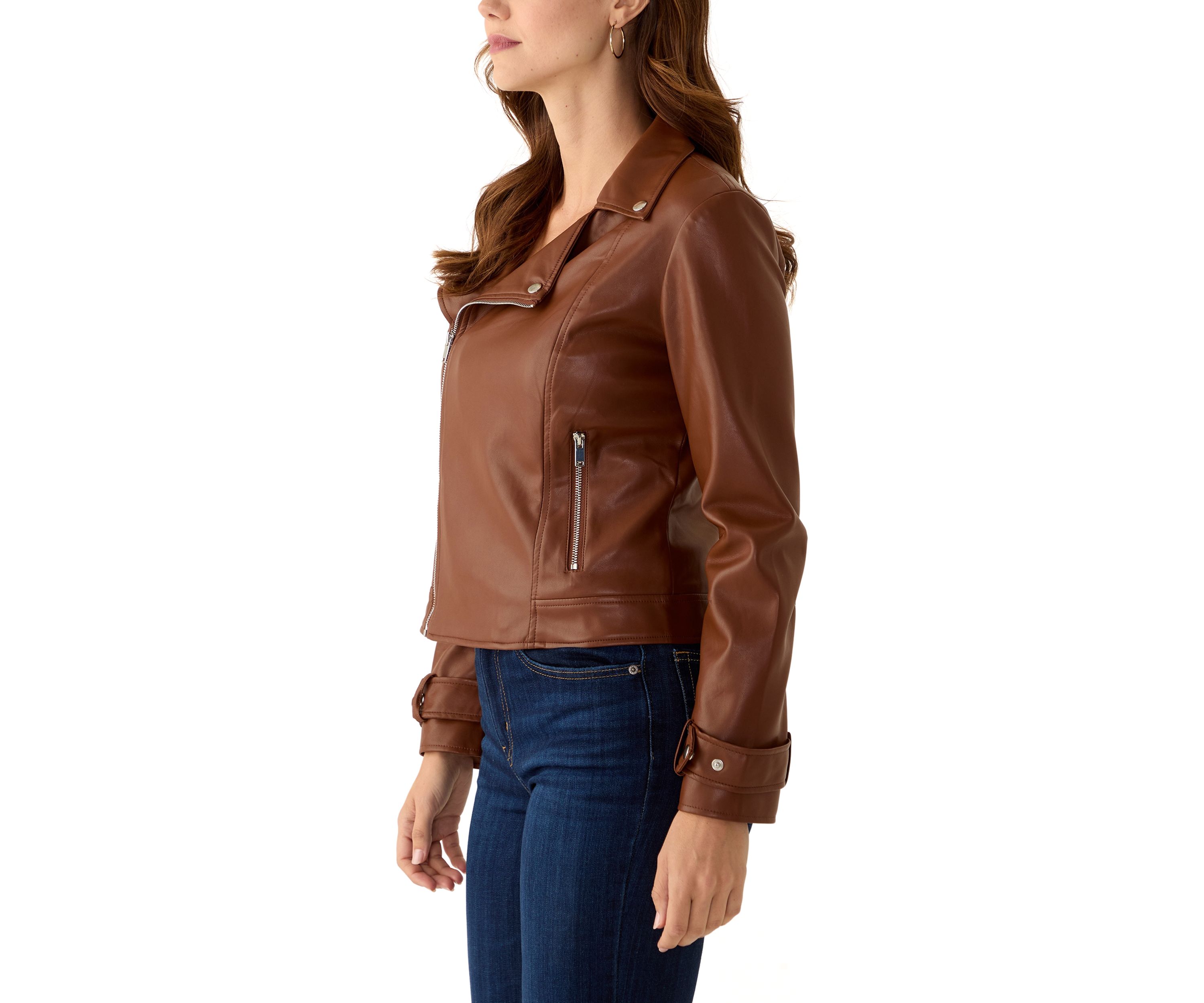 Womens Vegan Leather Zip Front Moto Jacket