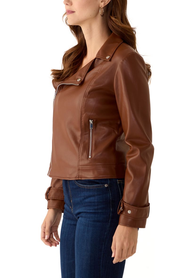 Womens Vegan Leather Zip Front Moto Jacket