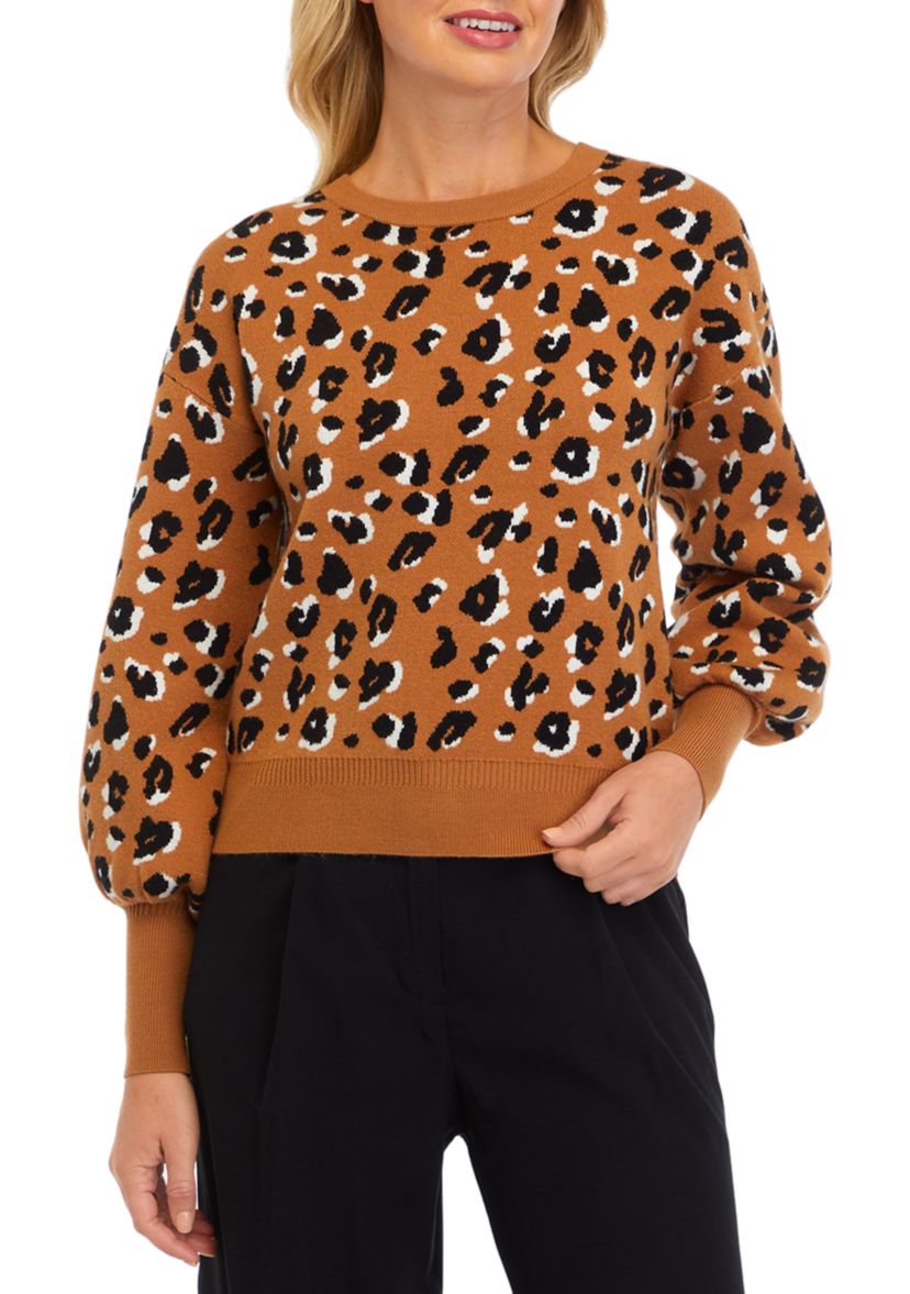 Womens Balloon Sleeve Leopard Sweater 