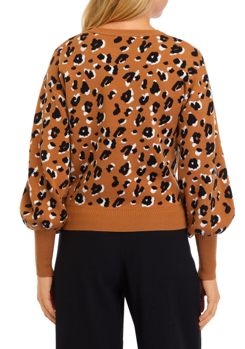 Womens Balloon Sleeve Leopard Sweater 