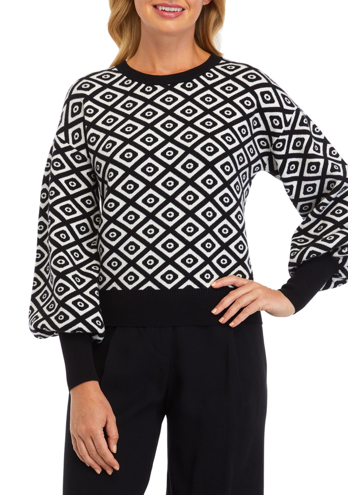 Womens Balloon Sleeve Printed Sweater 