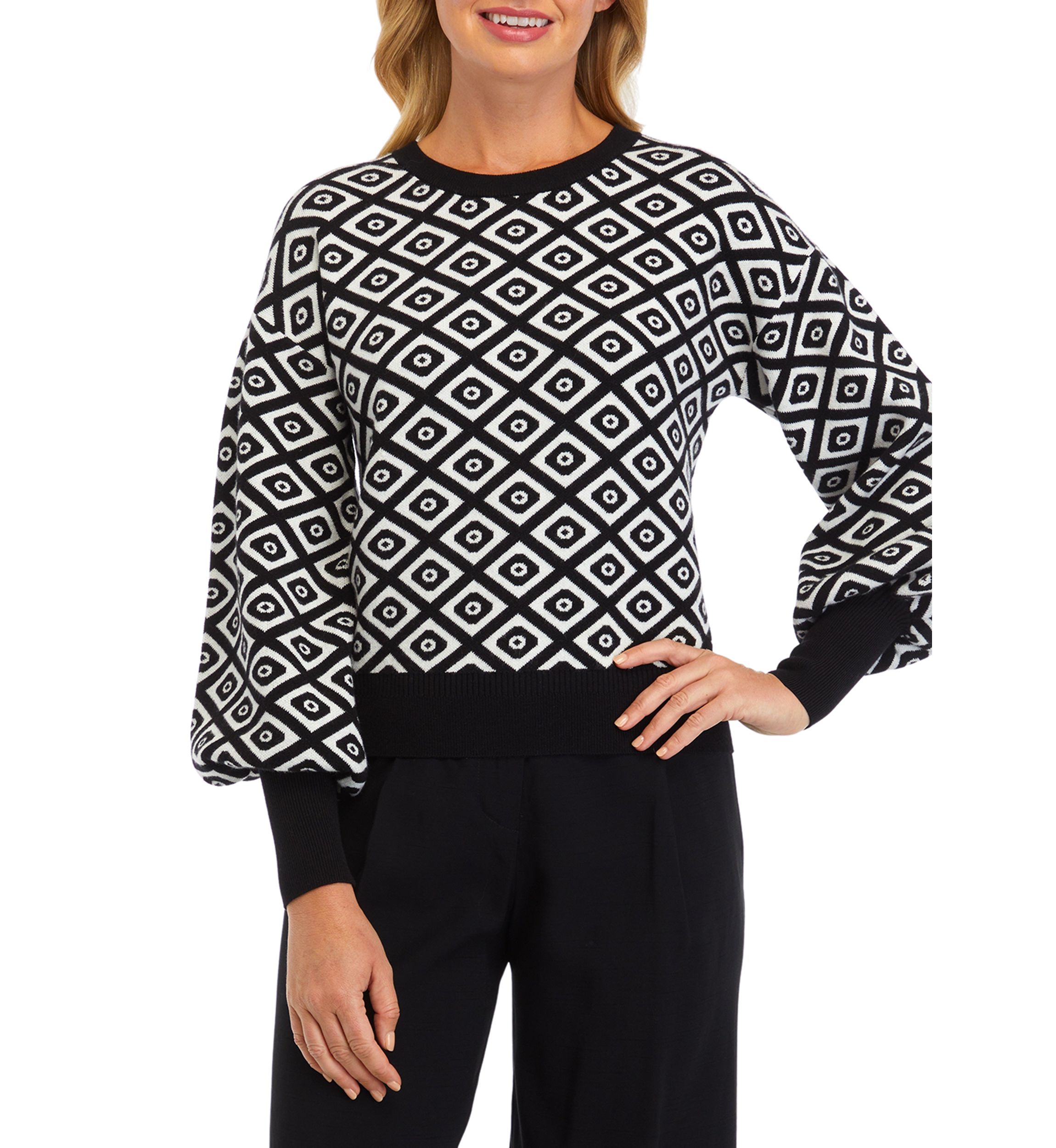 Womens Balloon Sleeve Printed Sweater 