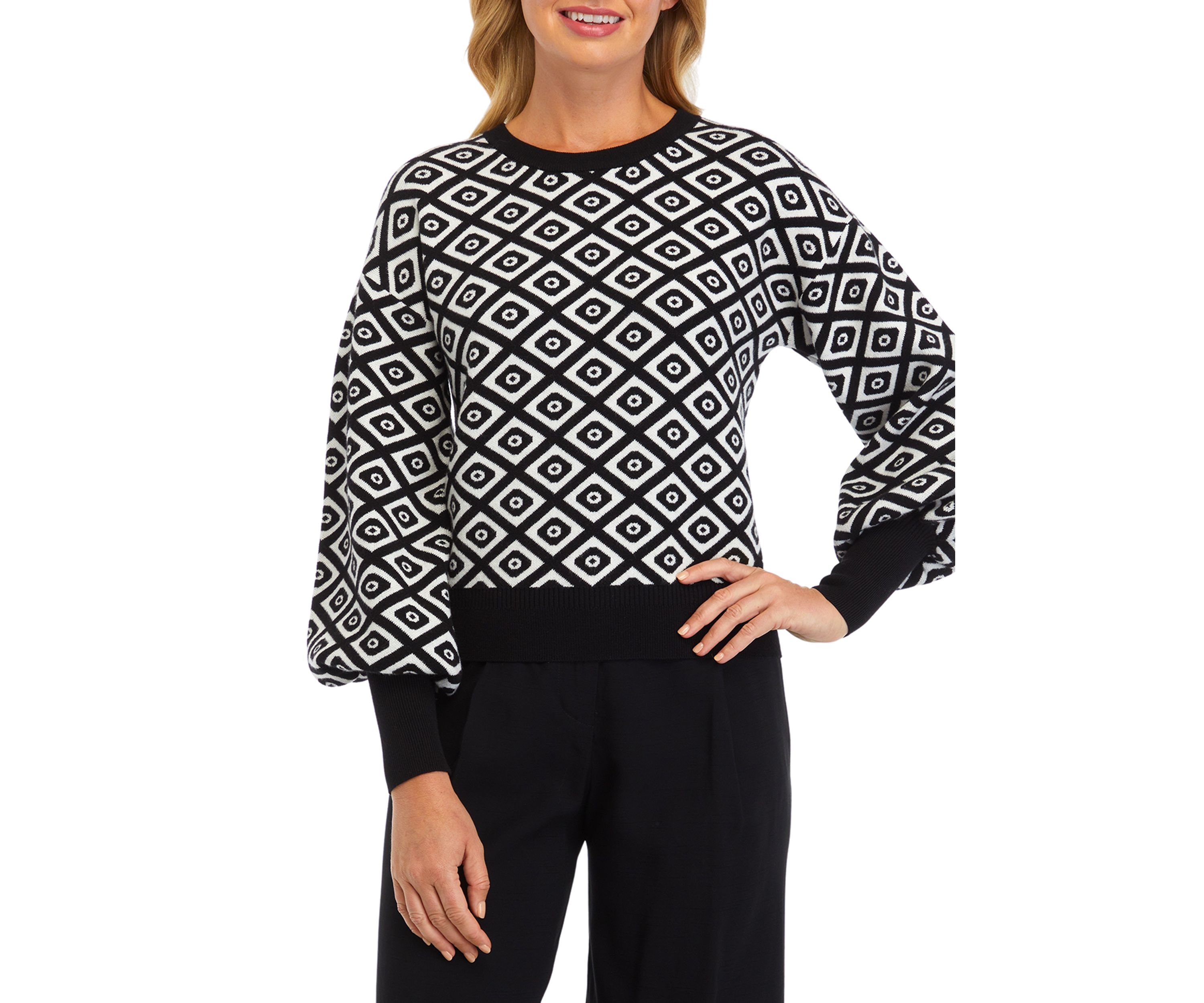 Womens Balloon Sleeve Printed Sweater 