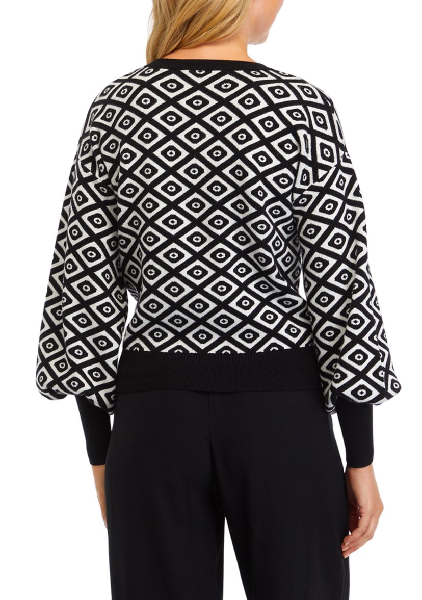 Womens Balloon Sleeve Printed Sweater 