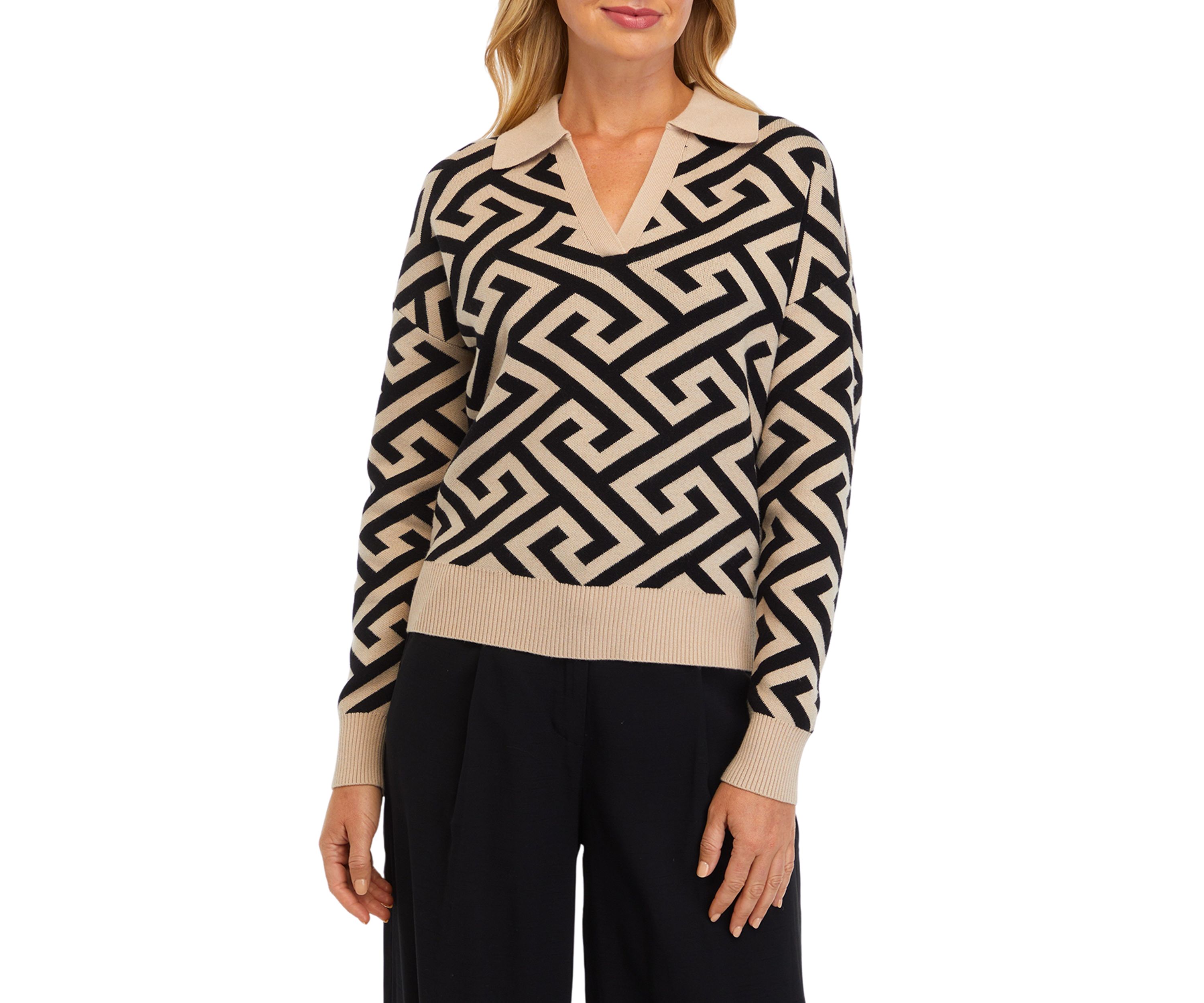 Womens Jacquard Collared Sweater 