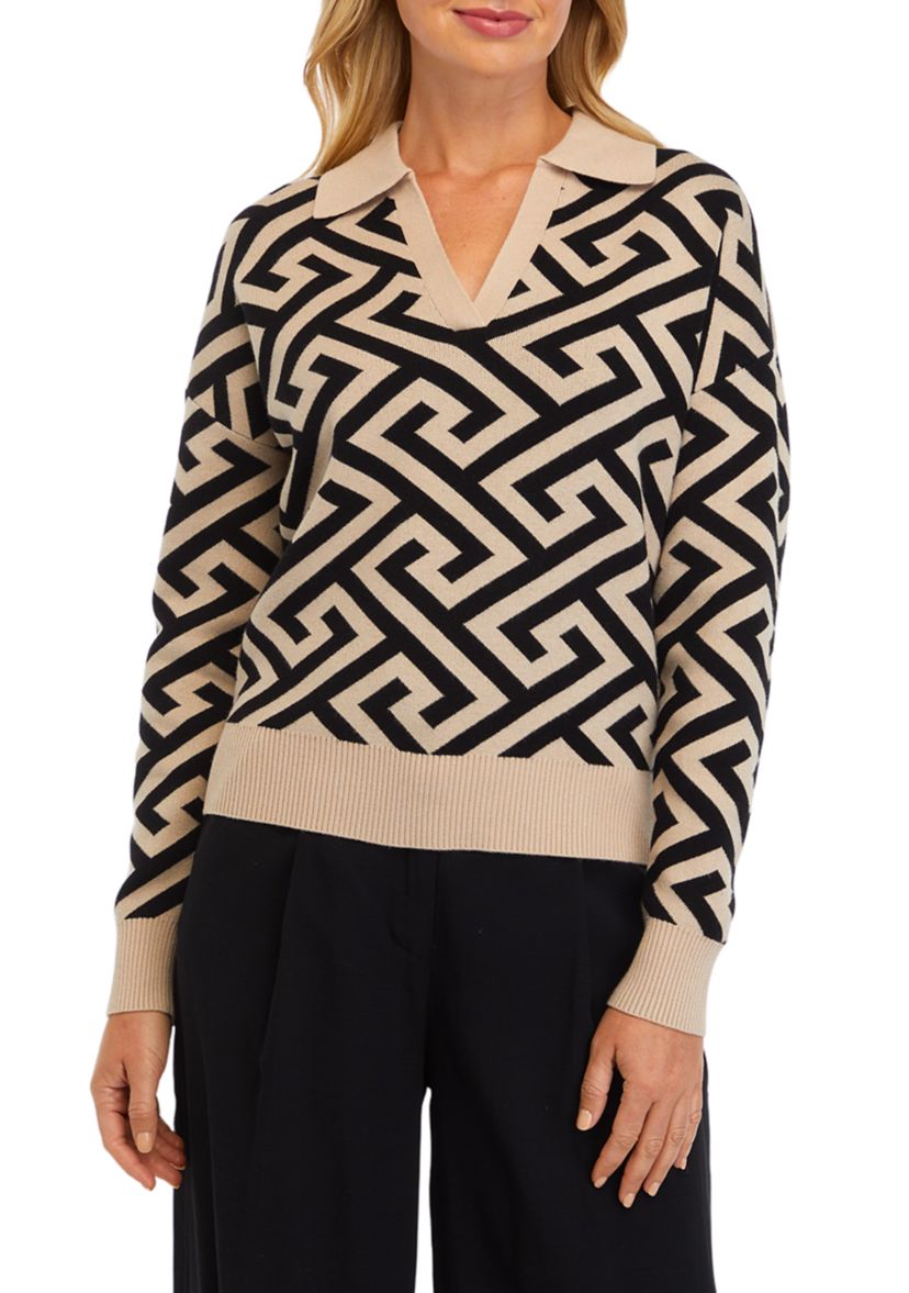 Womens Jacquard Collared Sweater 