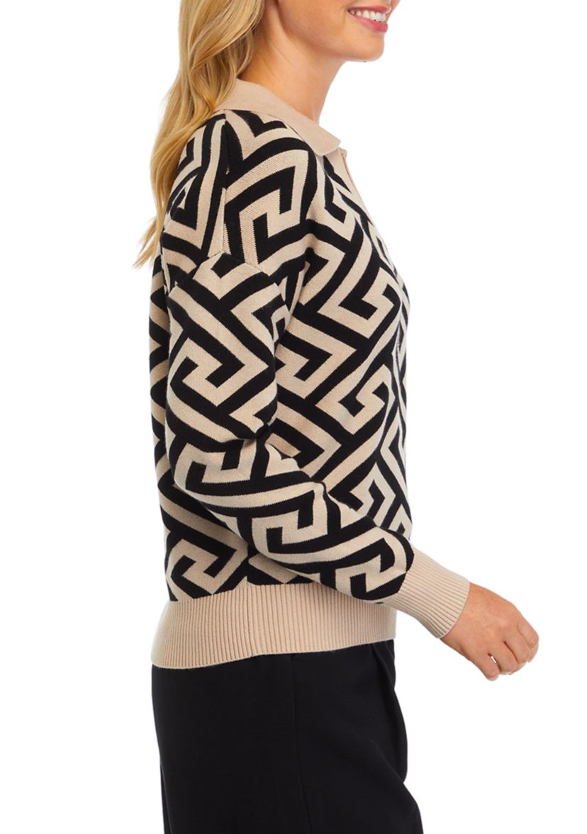 Womens Jacquard Collared Sweater 