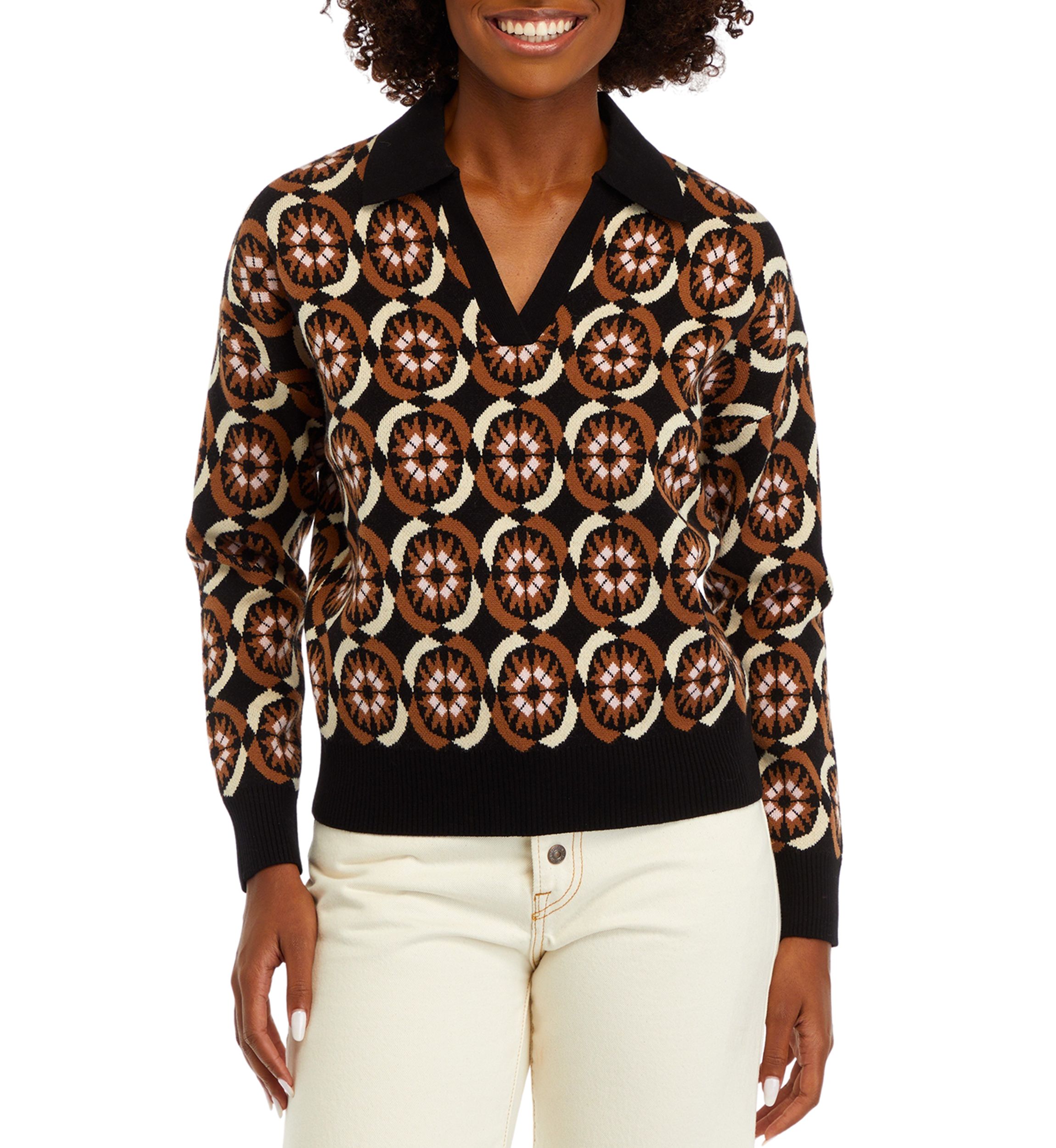 Womens Printed Johnny Collar Sweater 