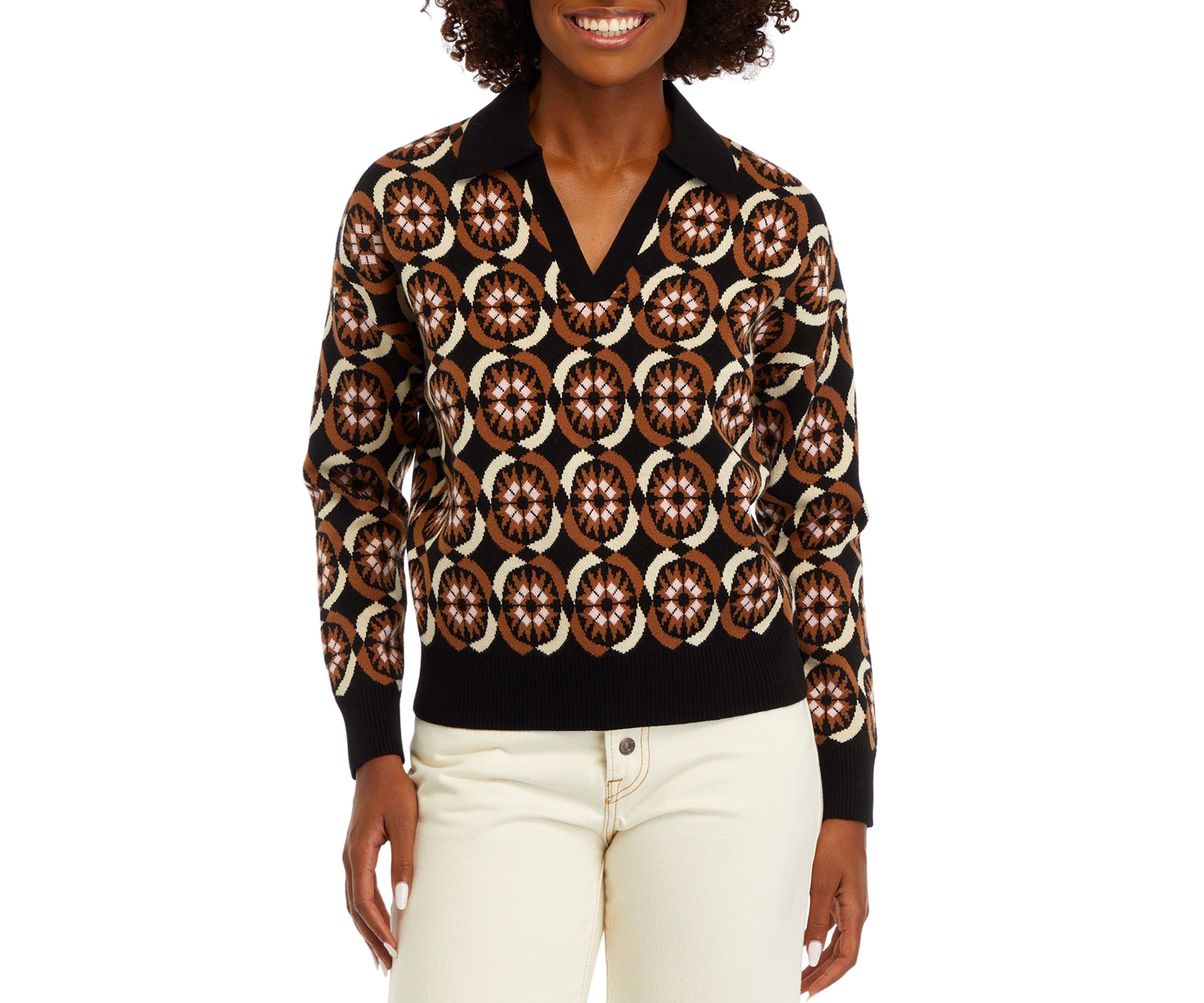 Womens Printed Johnny Collar Sweater 