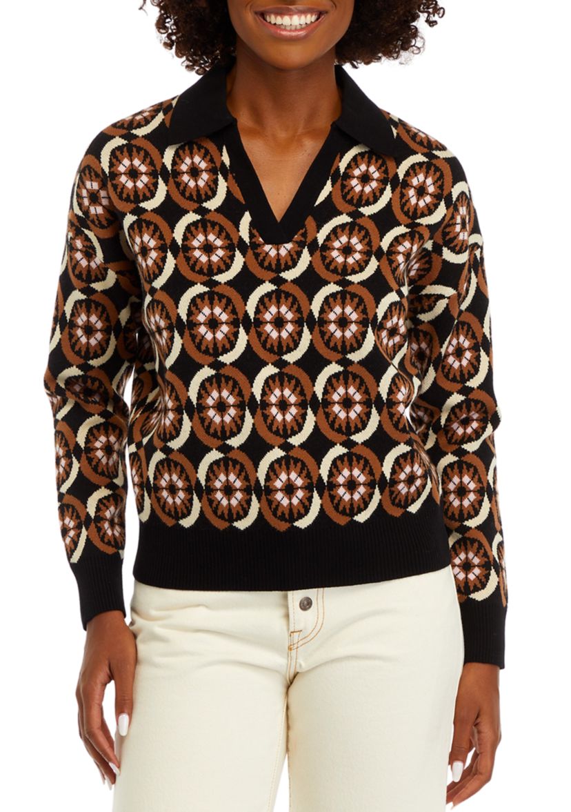 Womens Printed Johnny Collar Sweater 