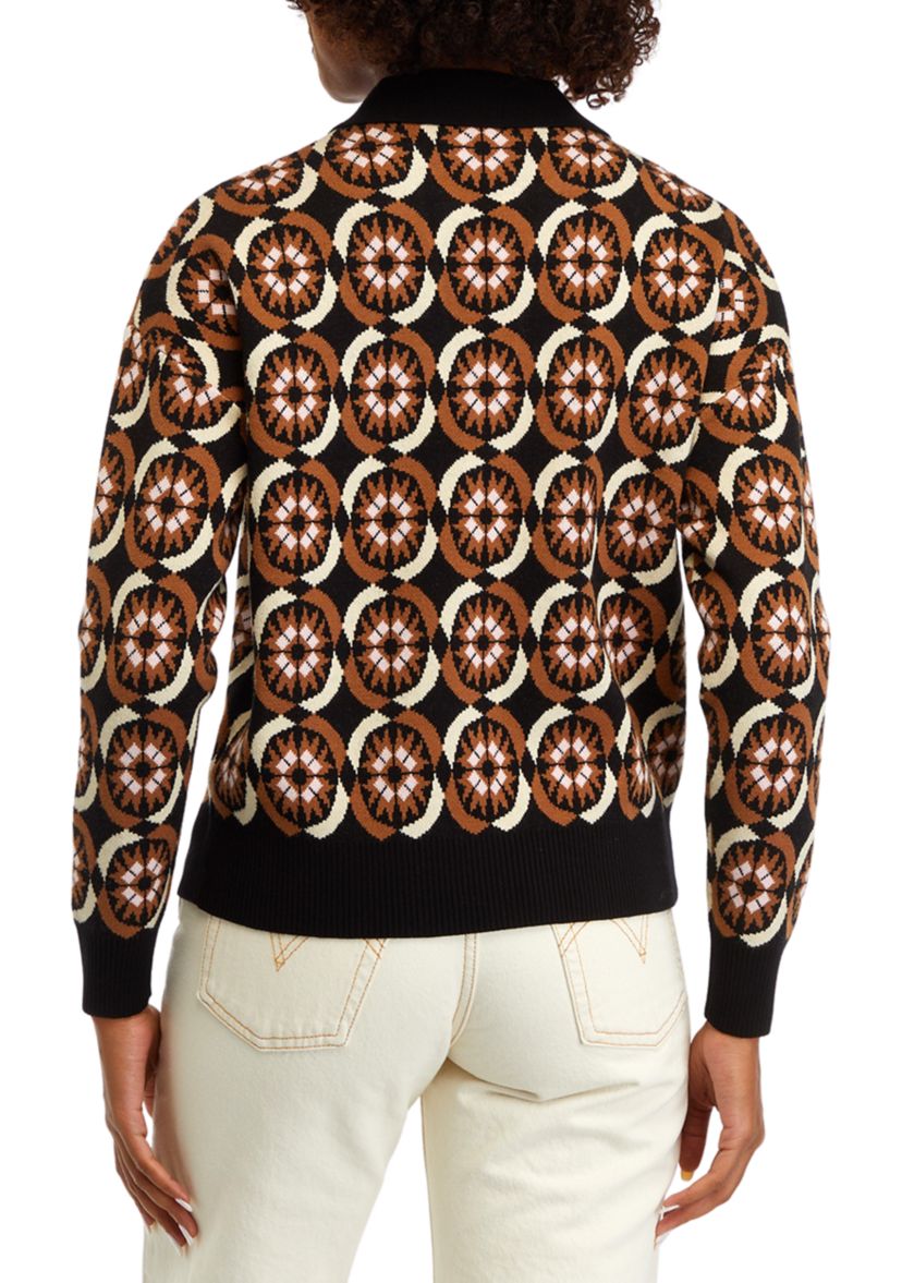 Womens Printed Johnny Collar Sweater 