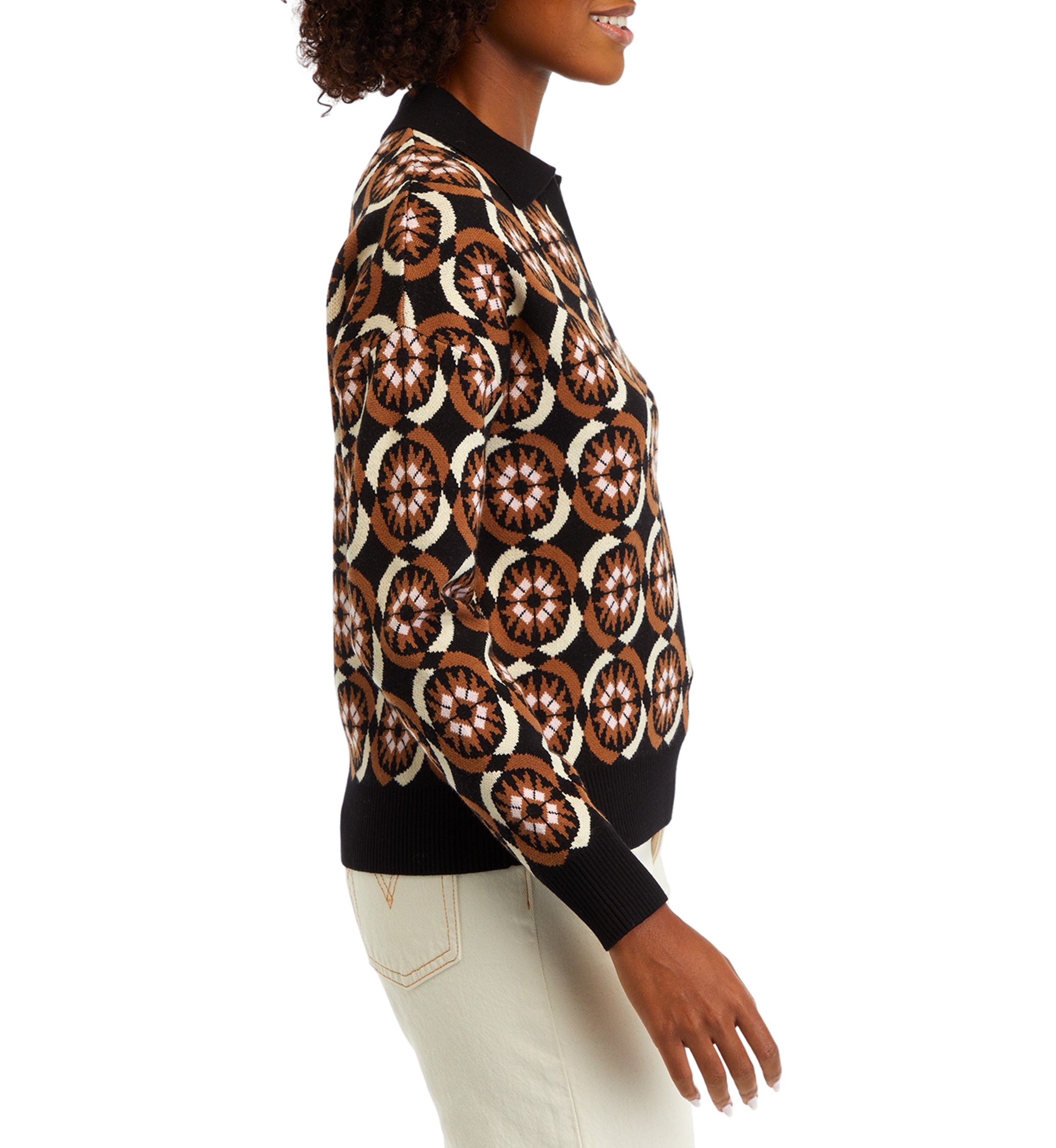 Womens Printed Johnny Collar Sweater 