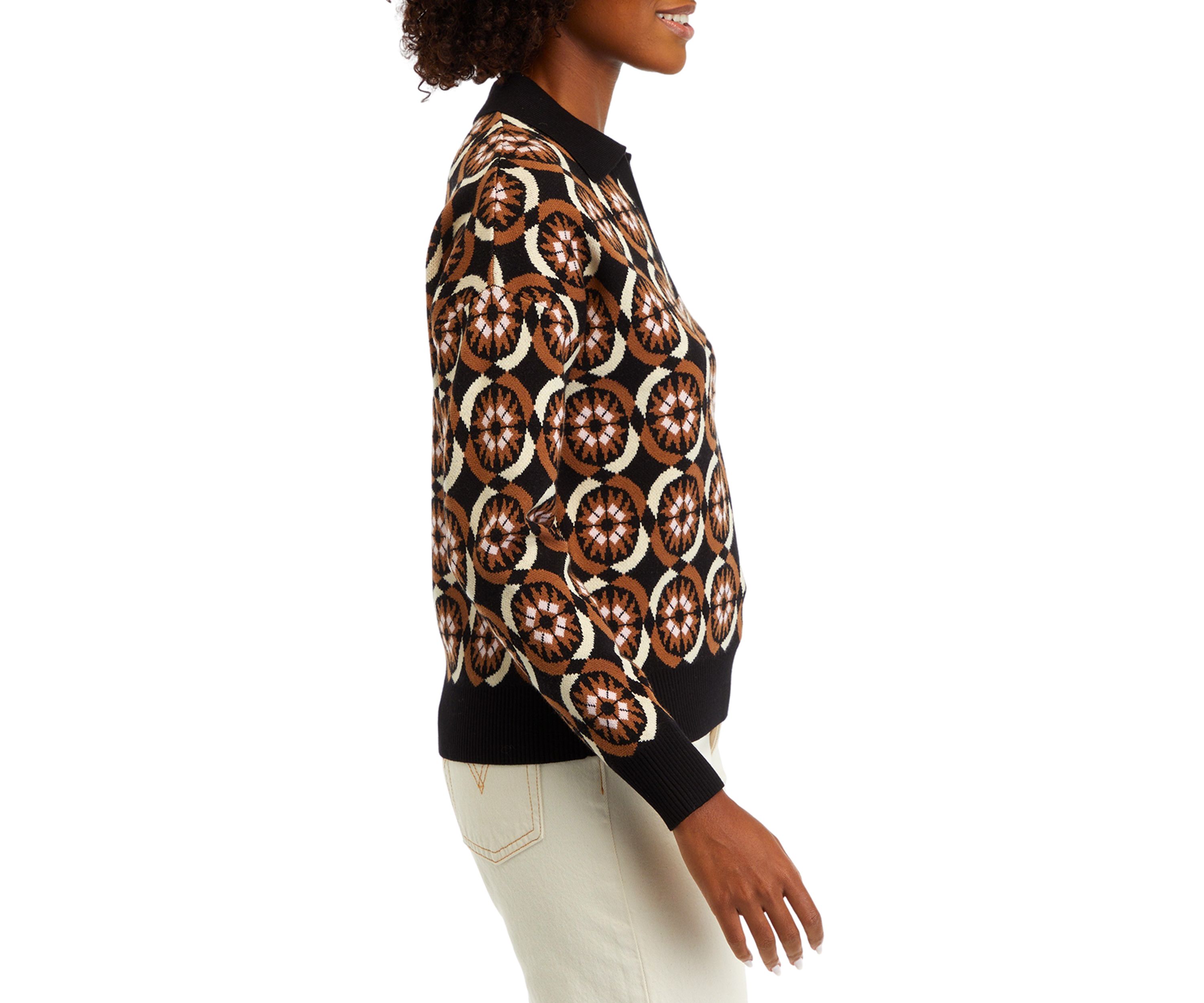 Womens Printed Johnny Collar Sweater 