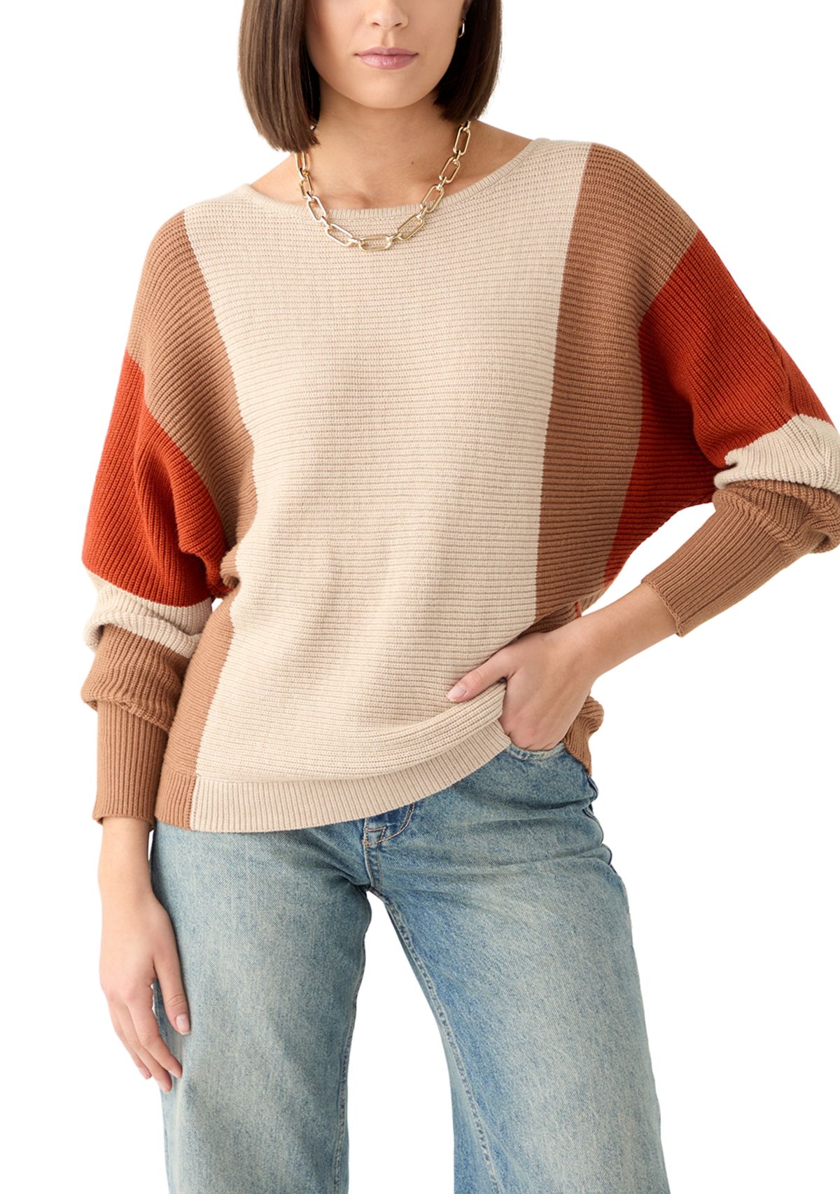 Womens Long Sleeve Color Block Boat Neck Sweater 