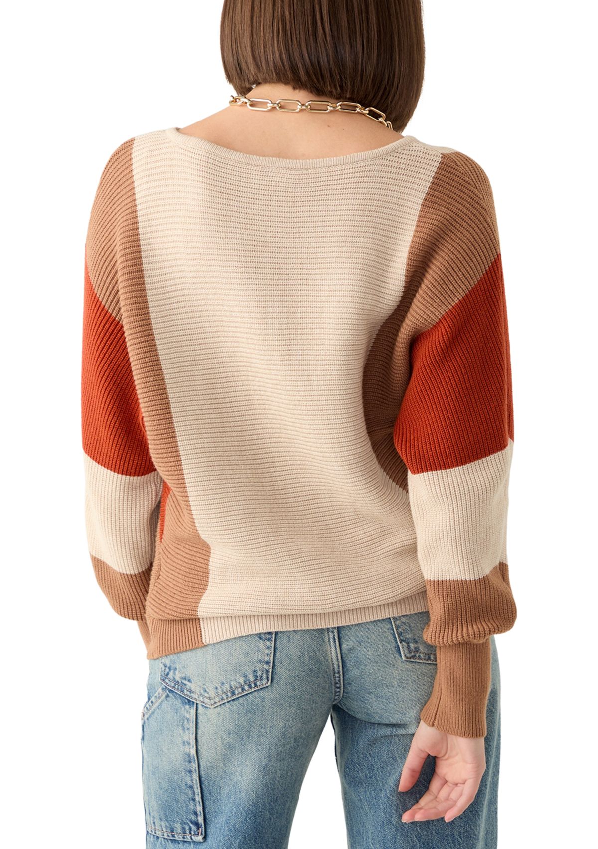 Womens Long Sleeve Color Block Boat Neck Sweater 