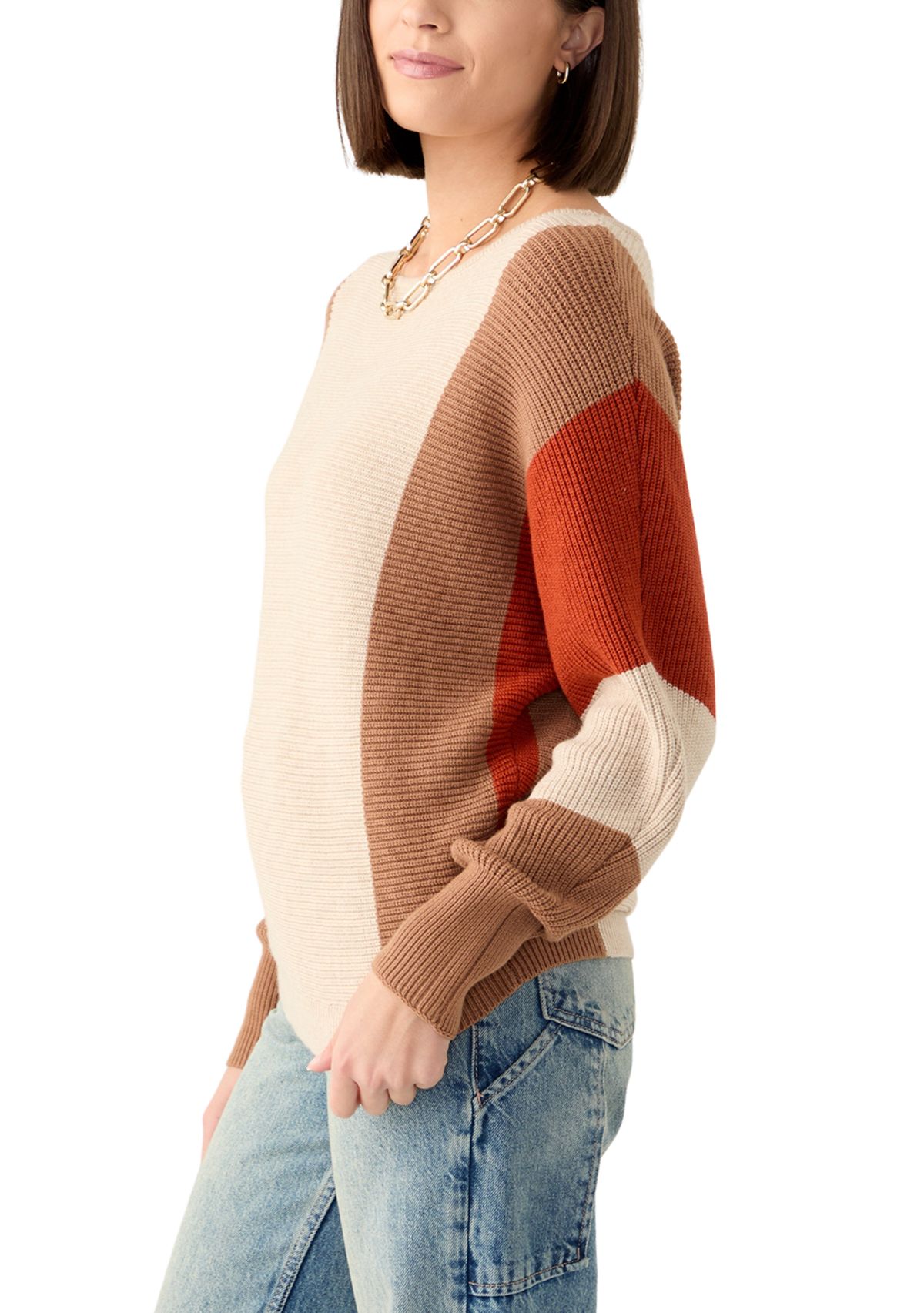 Womens Long Sleeve Color Block Boat Neck Sweater 