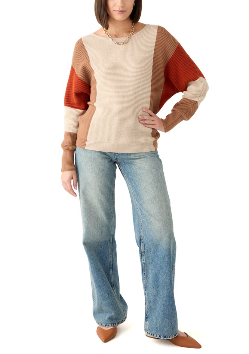 Womens Long Sleeve Color Block Boat Neck Sweater 