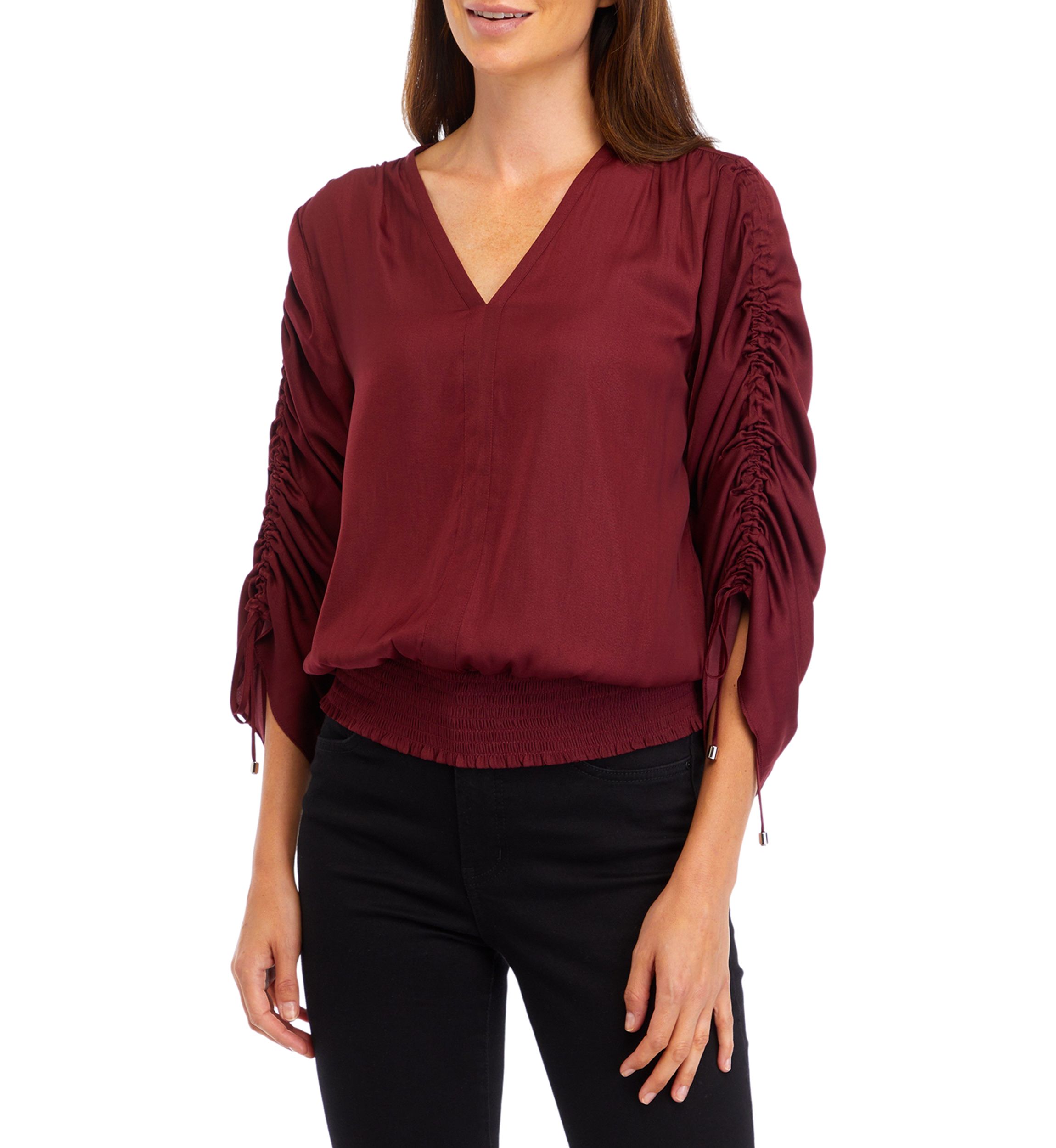Womens Long Ruched Sleeve Smocked Bottom Hem Blouse