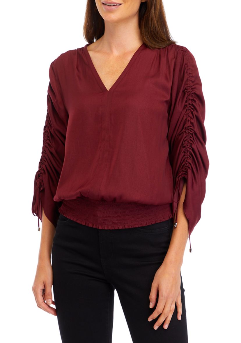 Womens Long Ruched Sleeve Smocked Bottom Hem Blouse