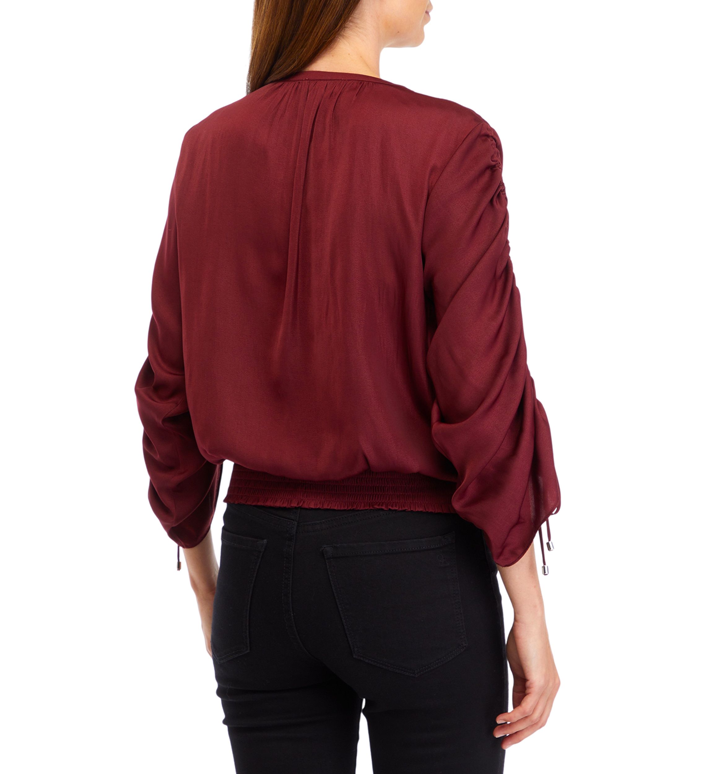 Womens Long Ruched Sleeve Smocked Bottom Hem Blouse