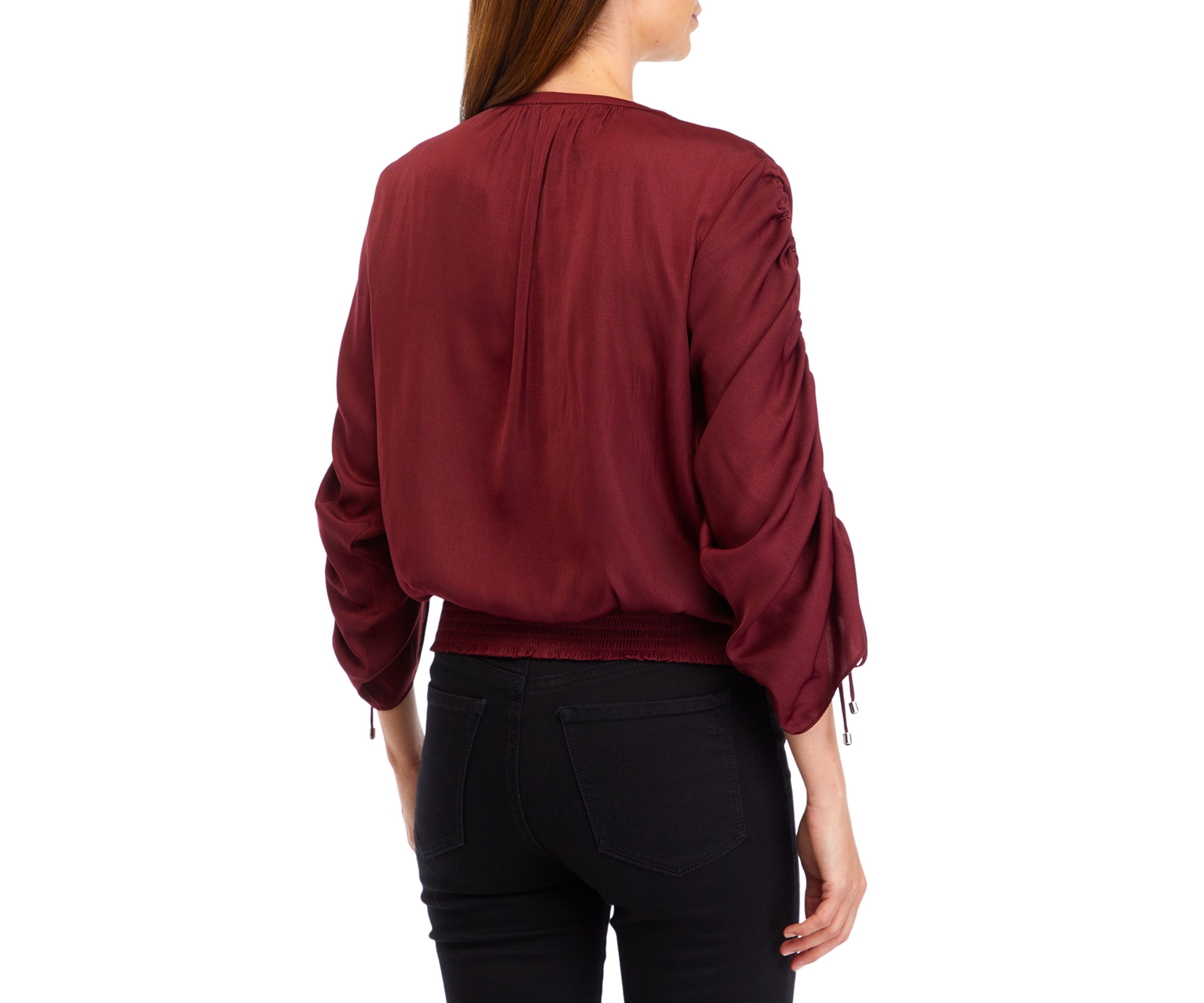 Womens Long Ruched Sleeve Smocked Bottom Hem Blouse