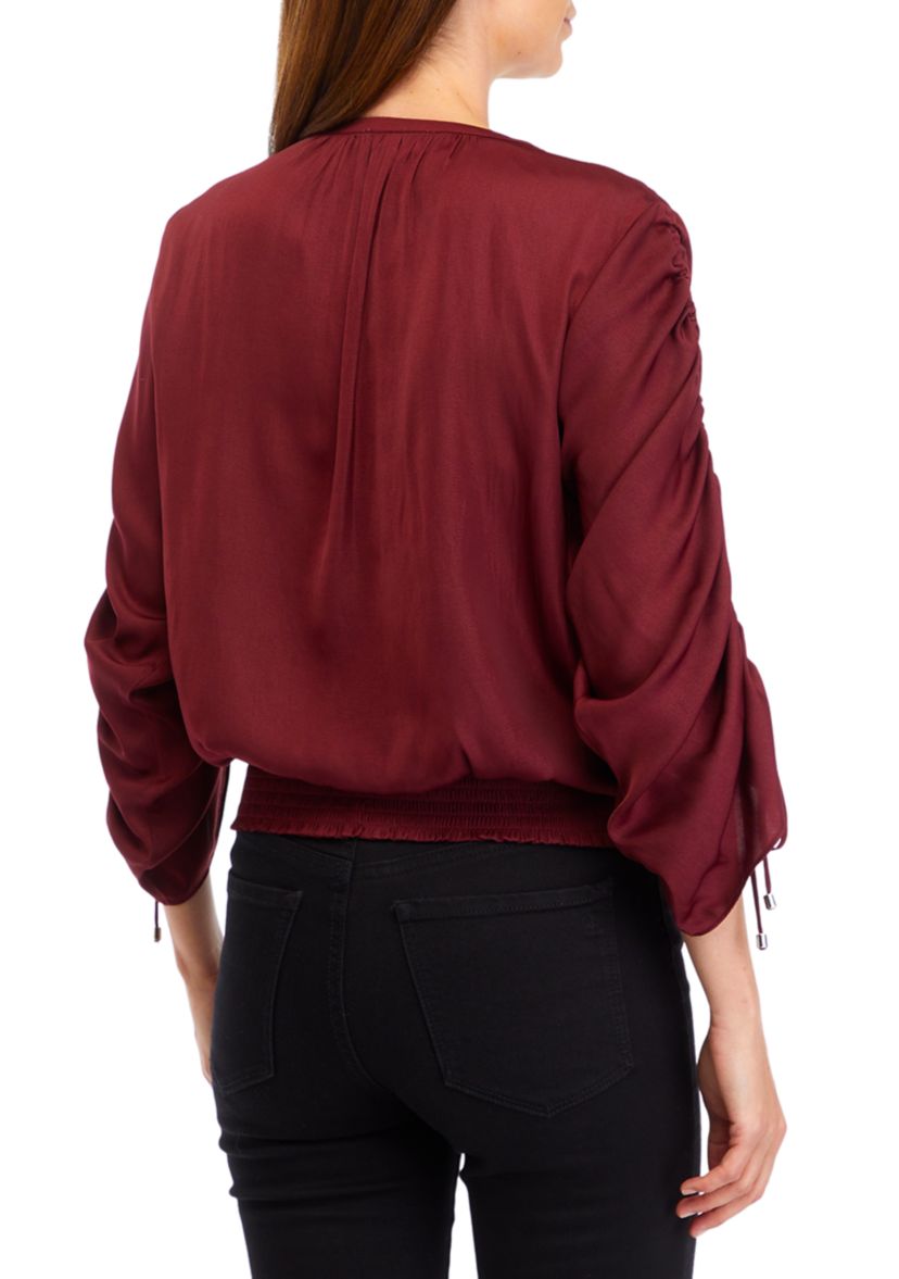 Womens Long Ruched Sleeve Smocked Bottom Hem Blouse