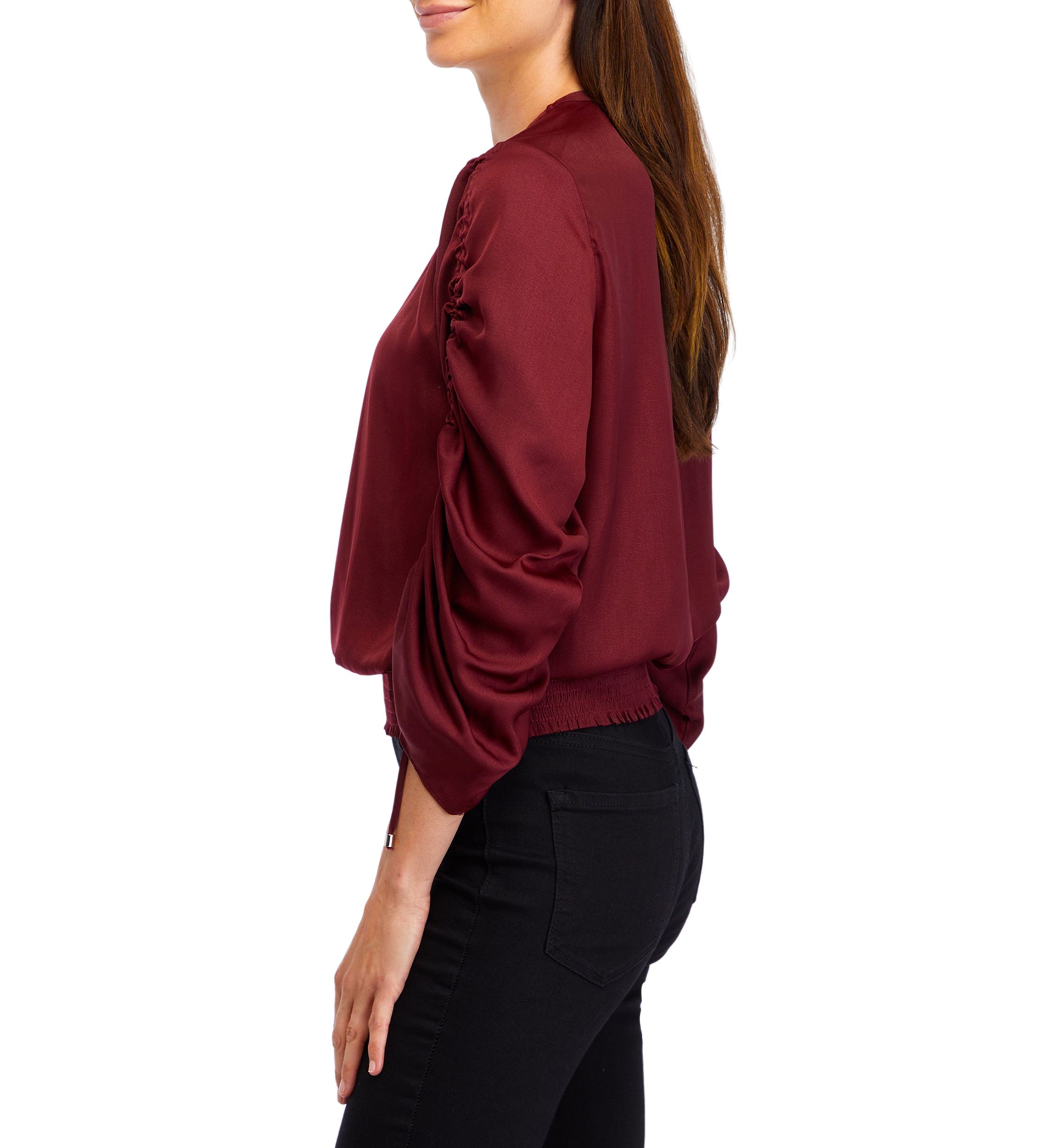 Womens Long Ruched Sleeve Smocked Bottom Hem Blouse
