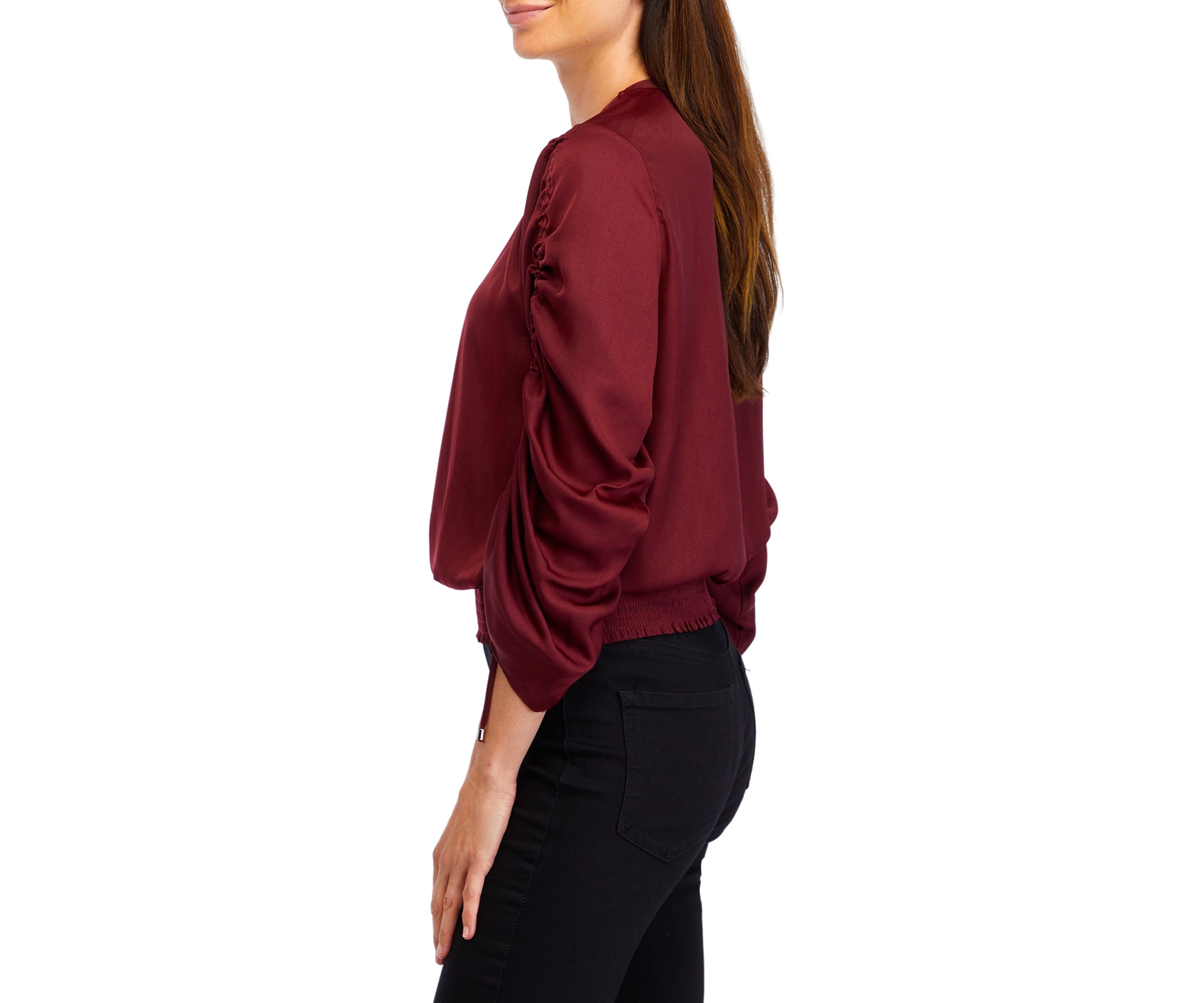 Womens Long Ruched Sleeve Smocked Bottom Hem Blouse