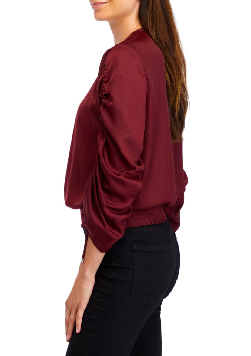 Womens Long Ruched Sleeve Smocked Bottom Hem Blouse