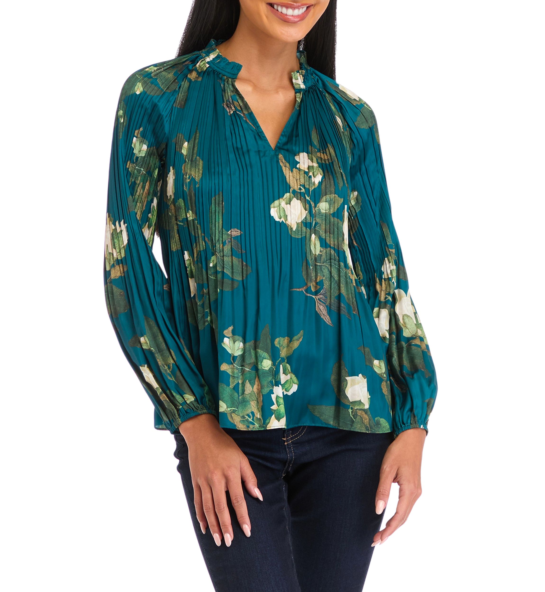 Petite Long Sleeve Split Neck Pleated Blouse