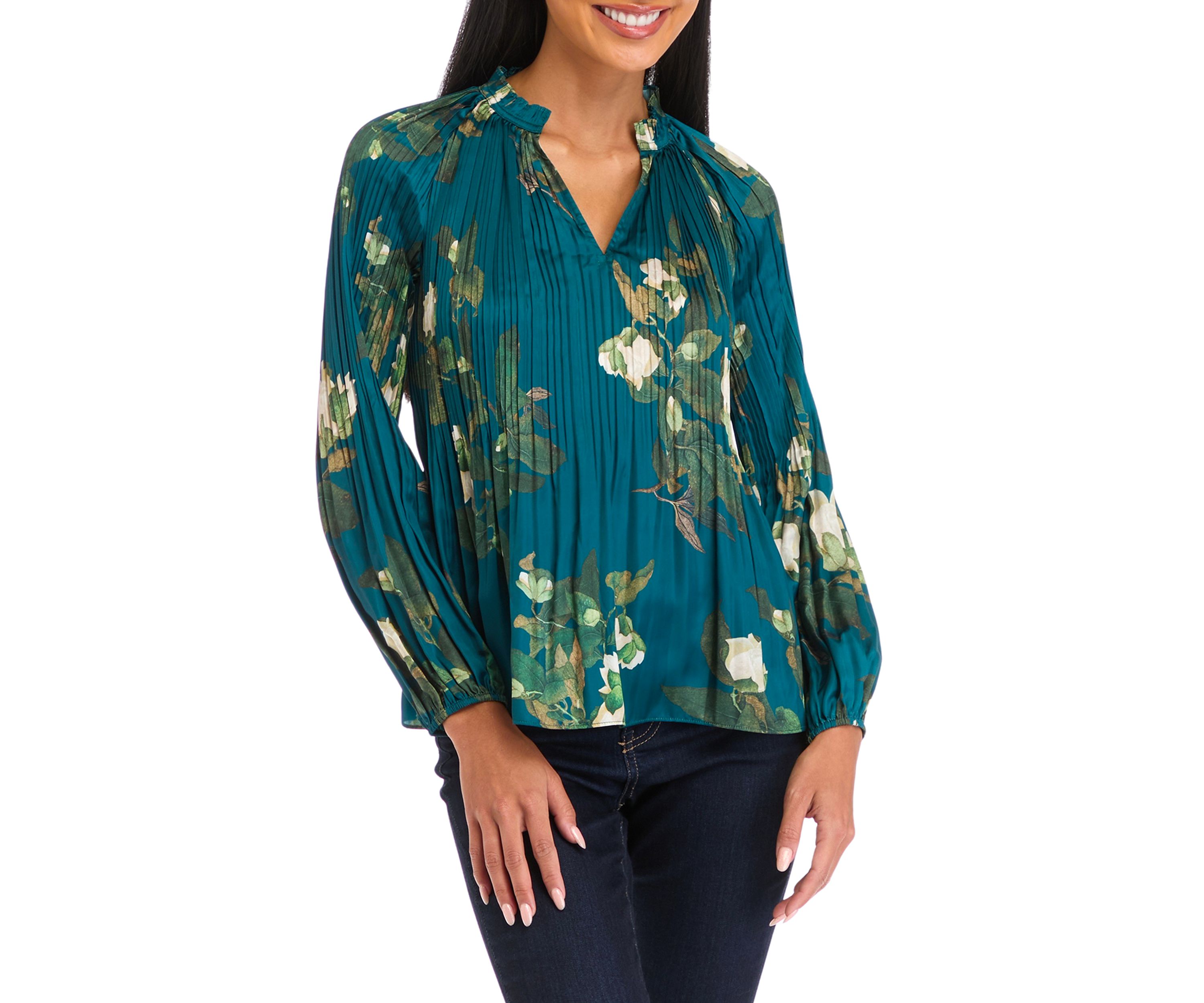 Petite Long Sleeve Split Neck Pleated Blouse