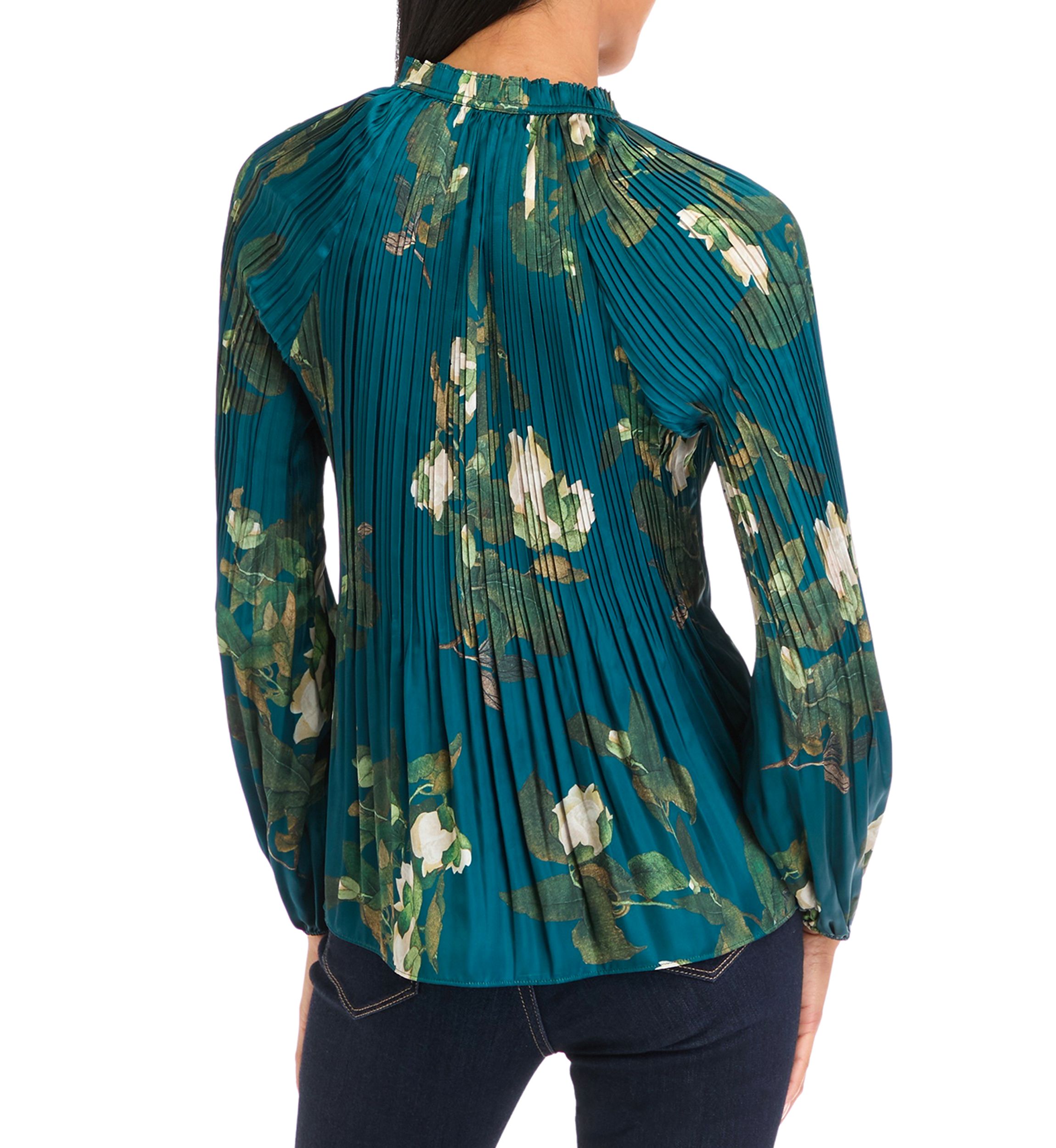 Petite Long Sleeve Split Neck Pleated Blouse