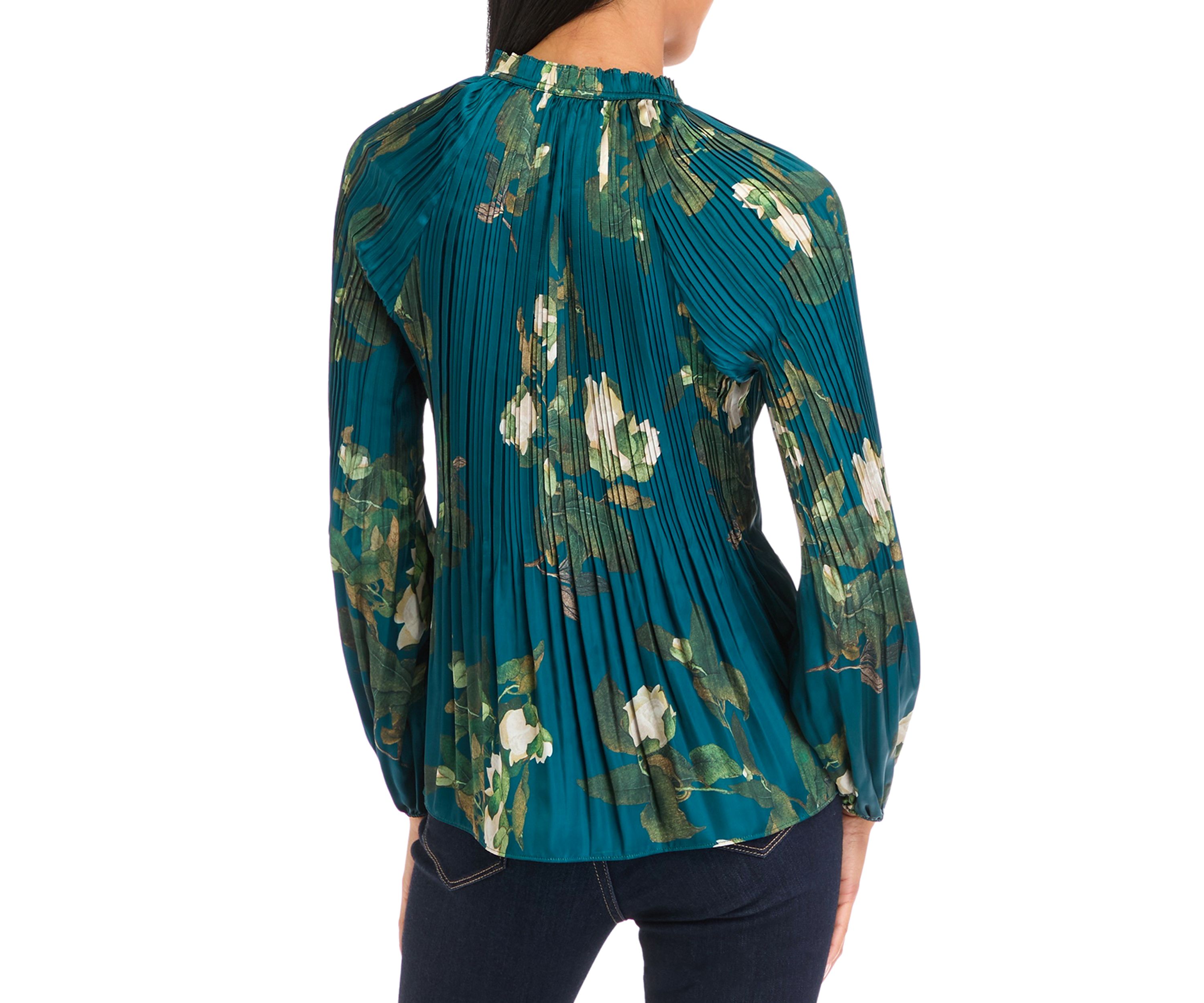 Petite Long Sleeve Split Neck Pleated Blouse