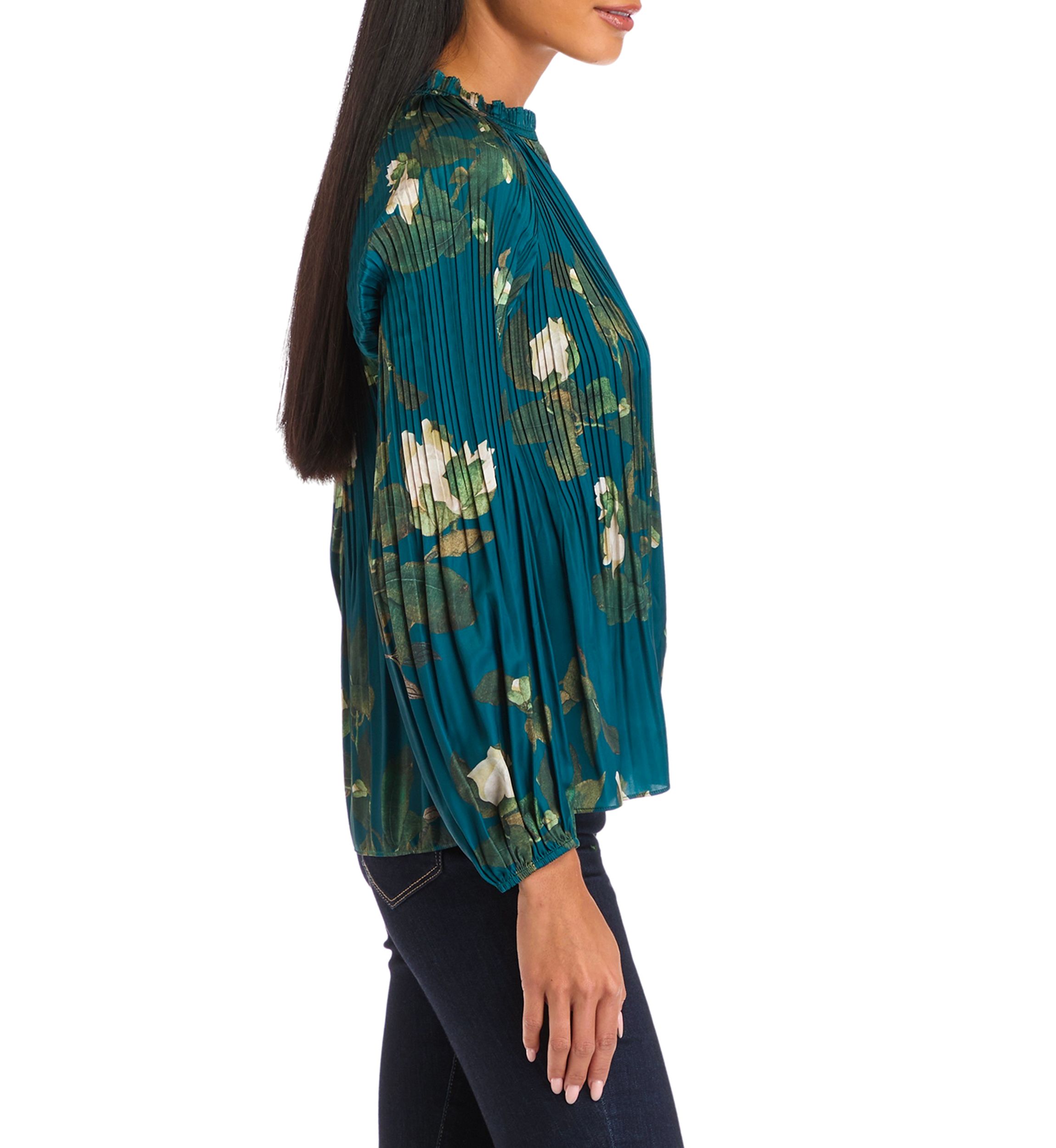 Petite Long Sleeve Split Neck Pleated Blouse