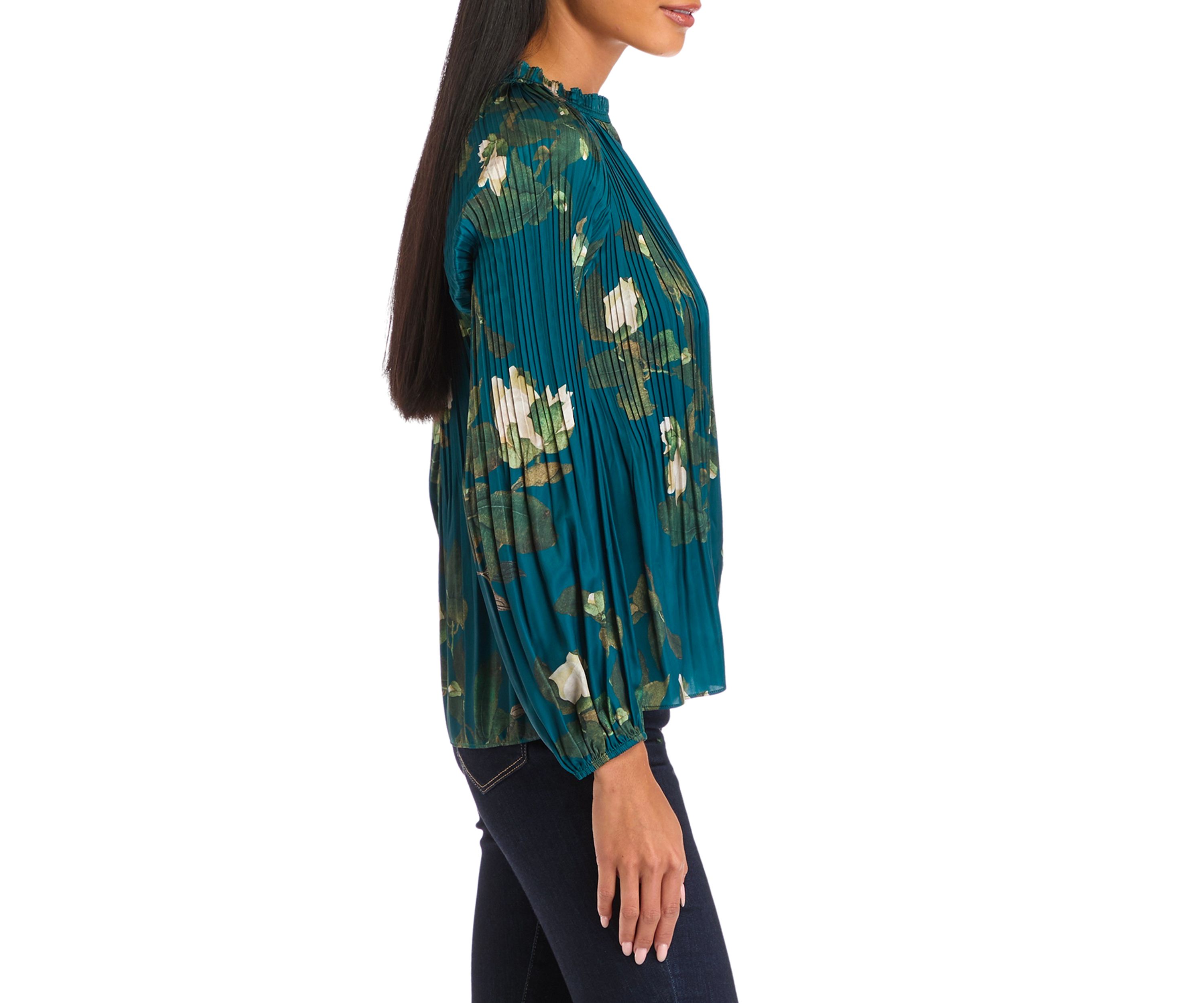 Petite Long Sleeve Split Neck Pleated Blouse