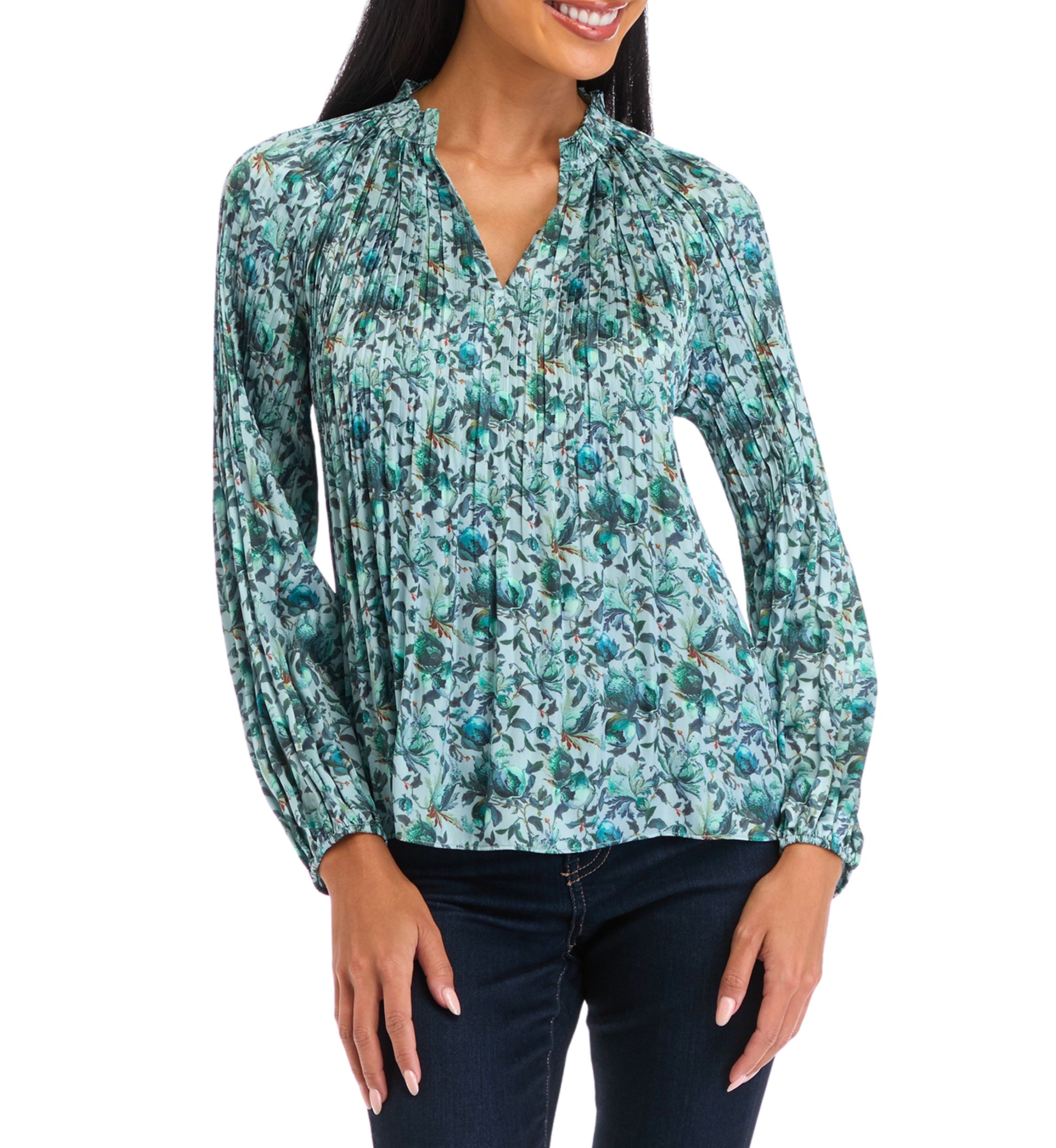 Petite Long Sleeve Split Neck Pleated Blouse