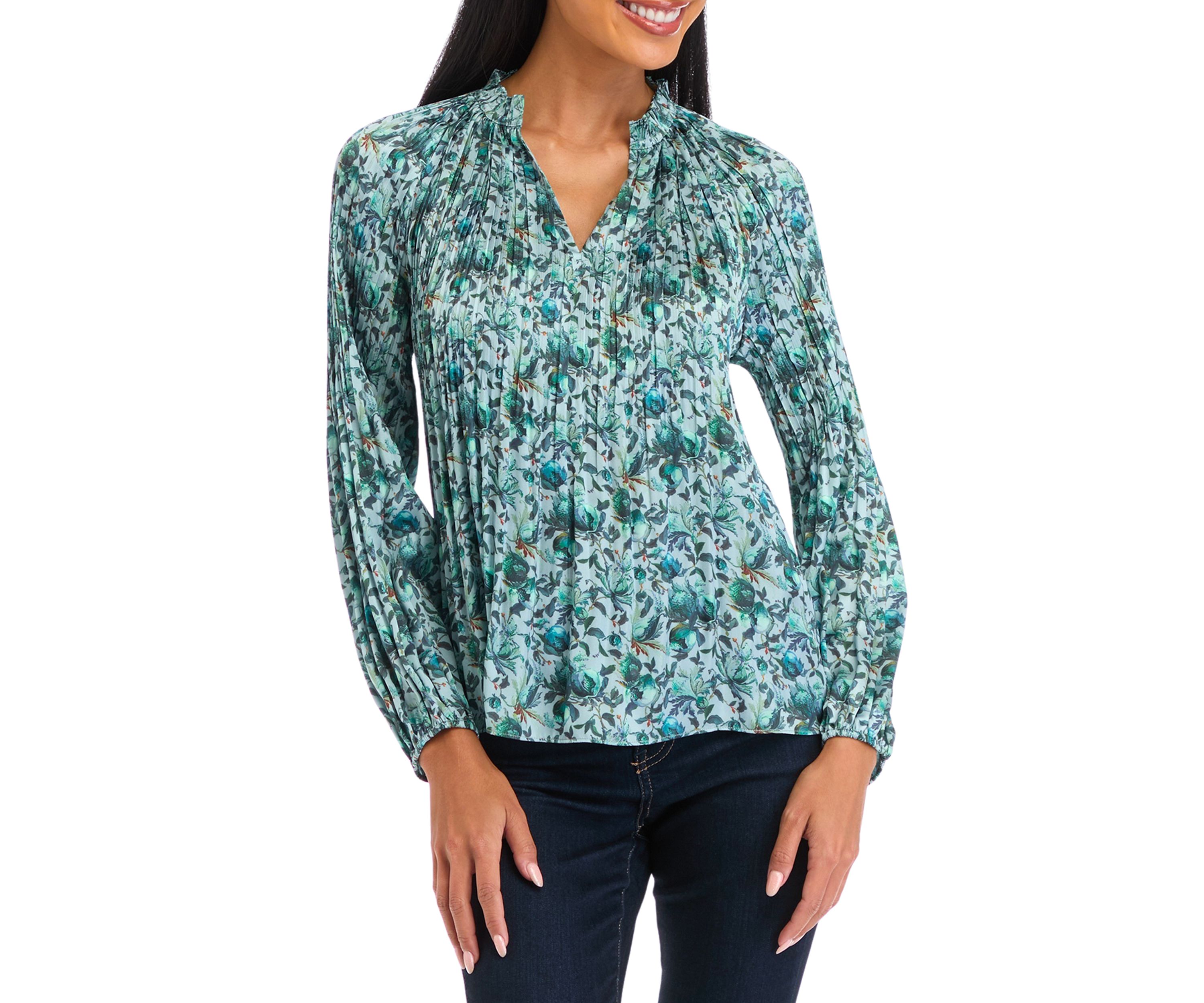 Petite Long Sleeve Split Neck Pleated Blouse