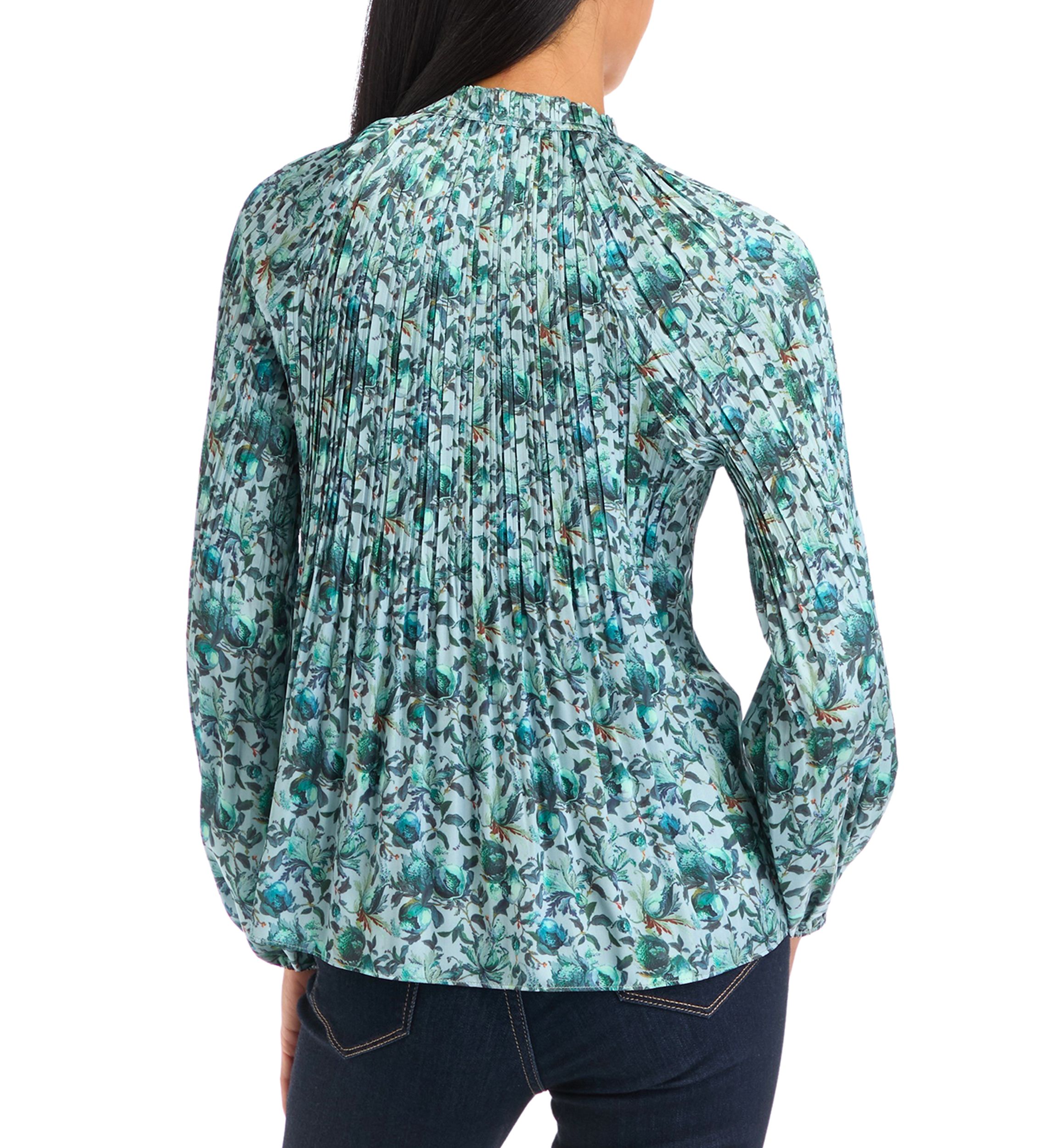 Petite Long Sleeve Split Neck Pleated Blouse