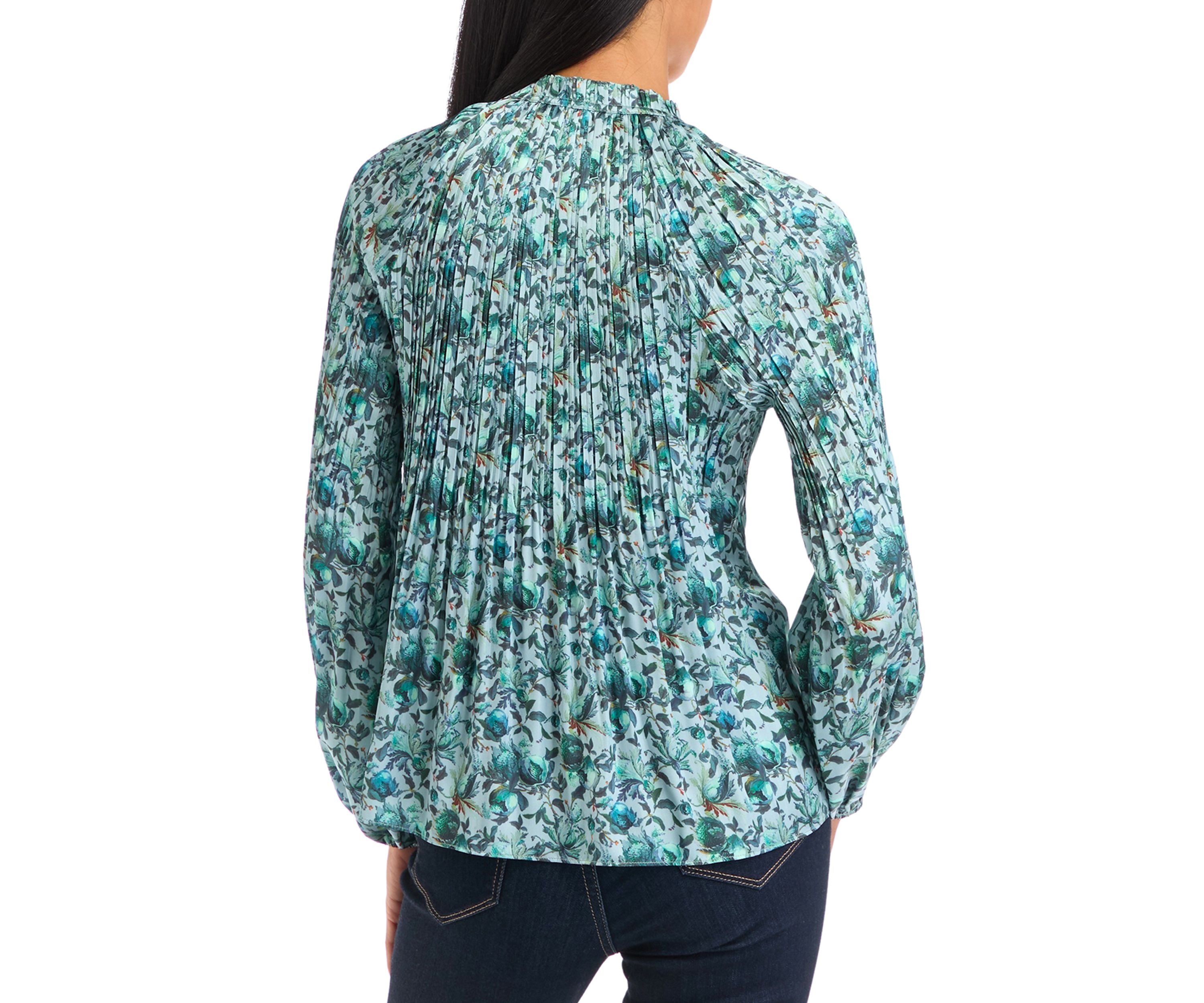 Petite Long Sleeve Split Neck Pleated Blouse