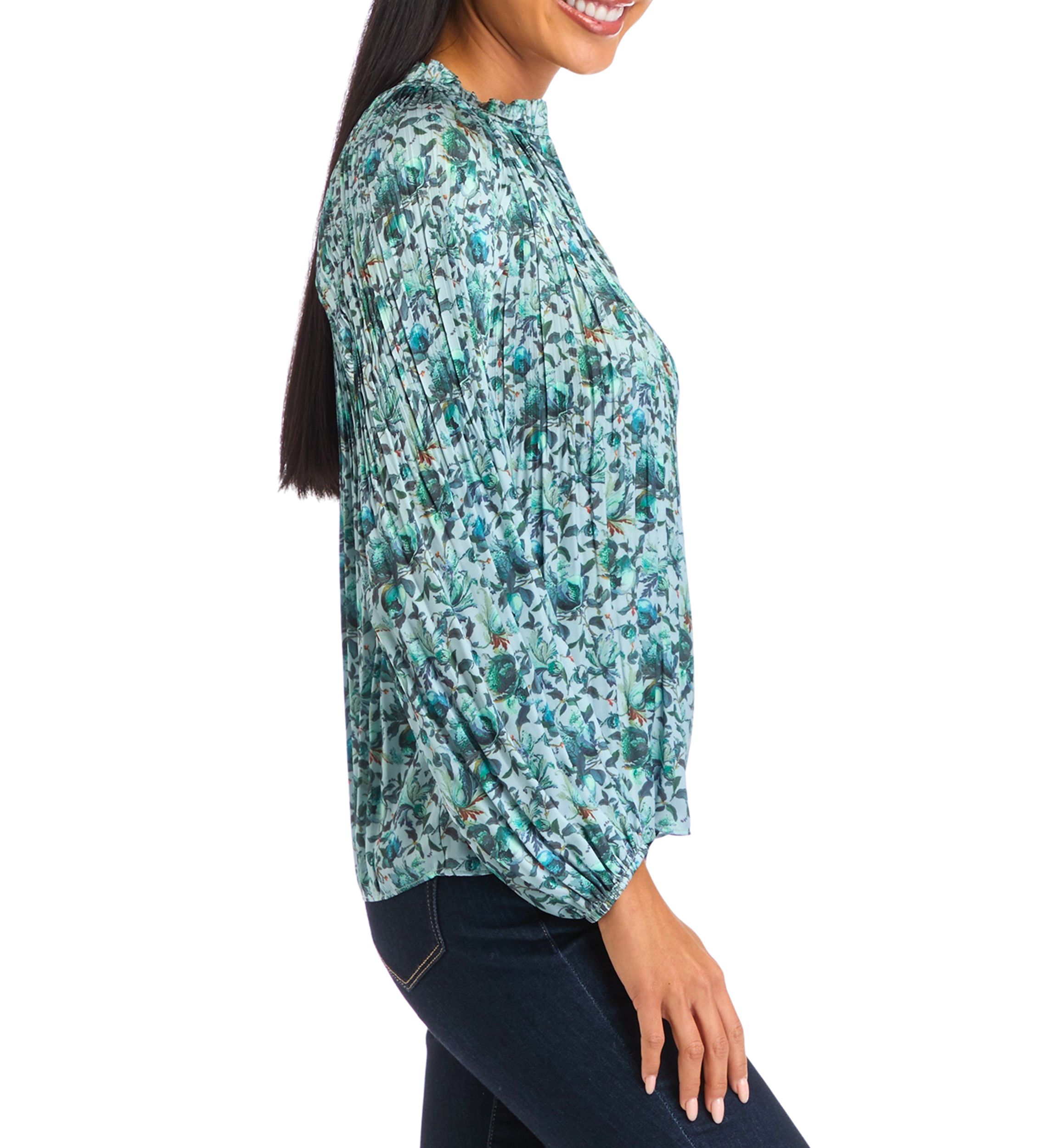 Petite Long Sleeve Split Neck Pleated Blouse