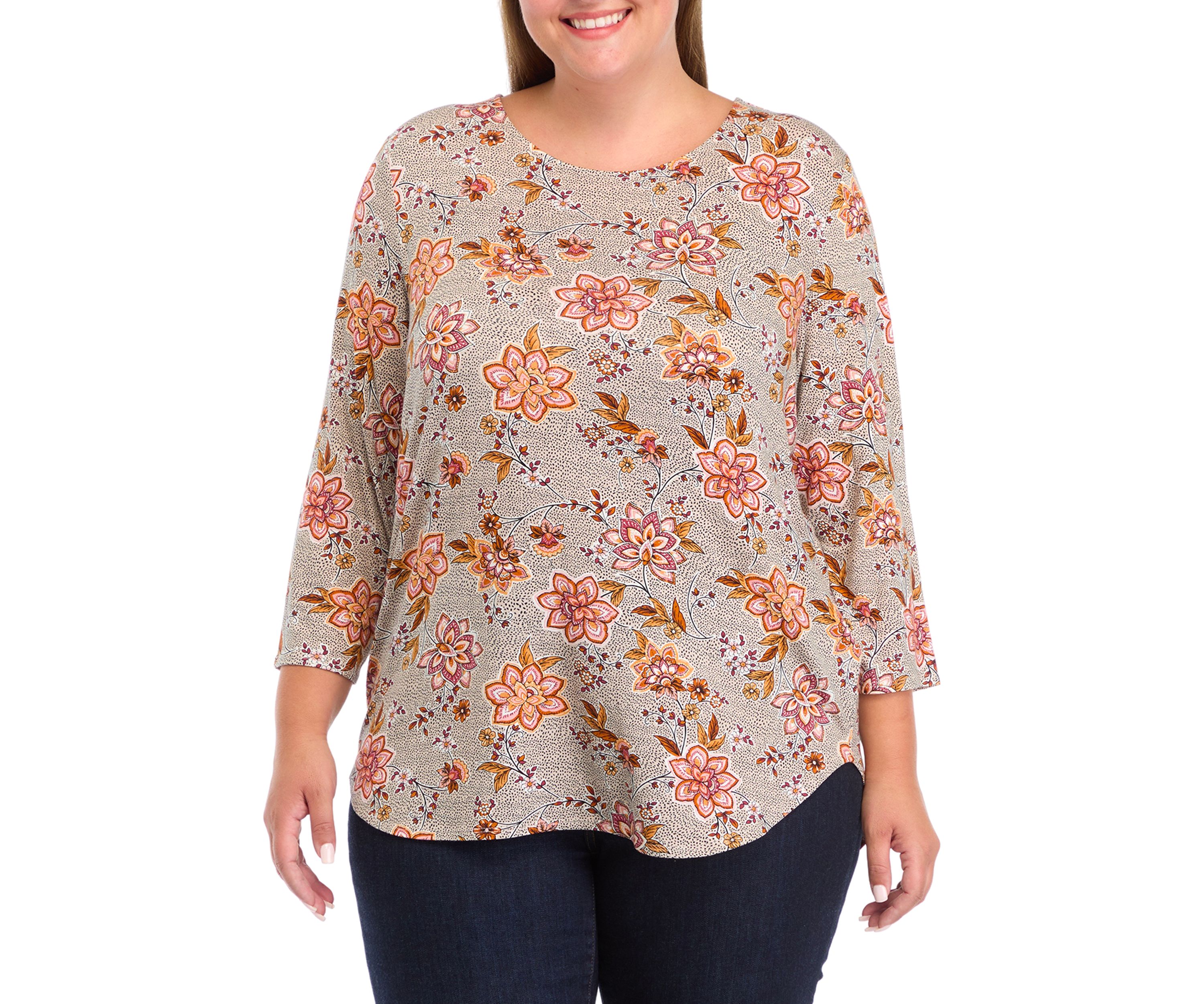 Plus Size Pleated Printed Back Knit Top