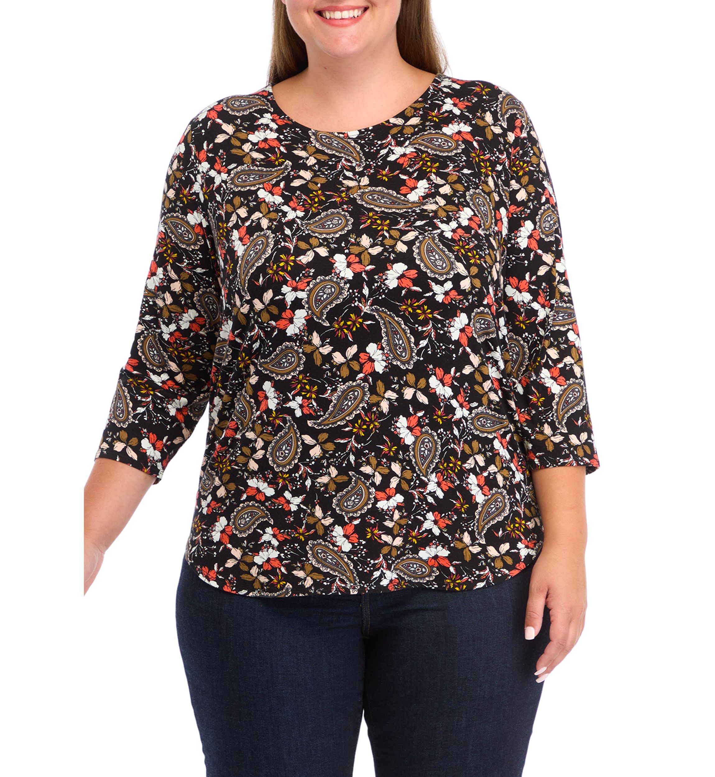 Plus Size Pleated Printed Back Knit Top
