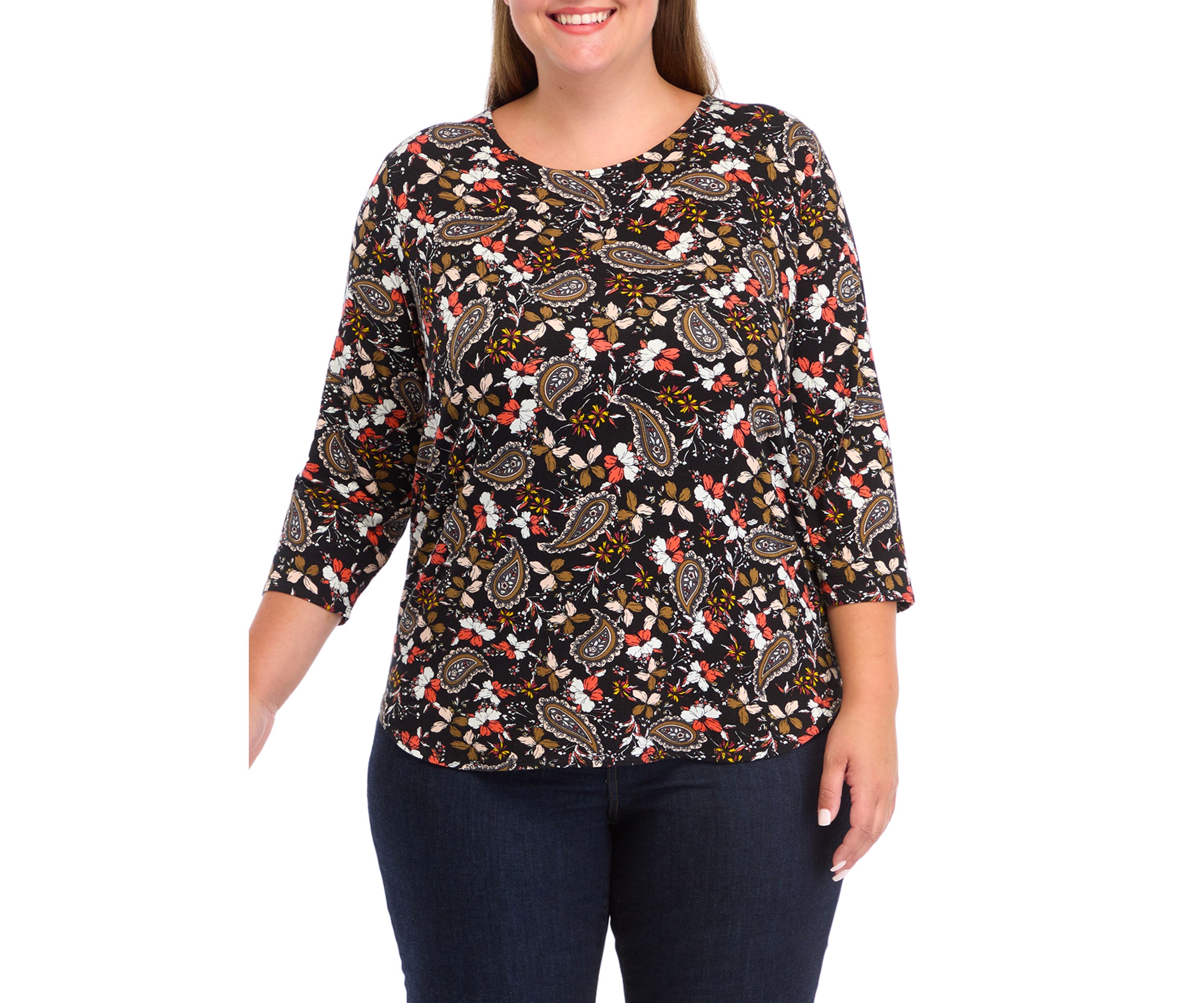 Plus Size Pleated Printed Back Knit Top