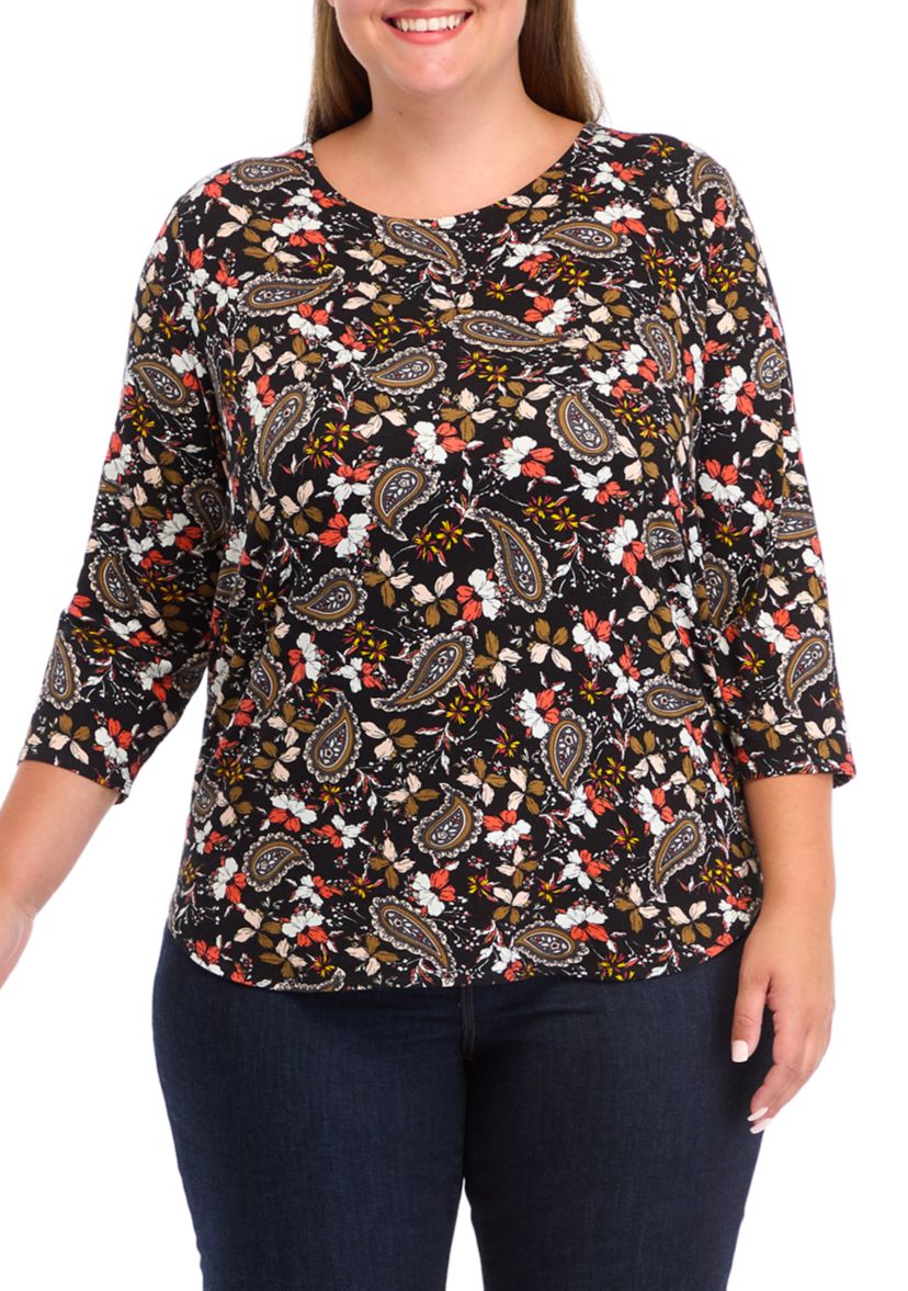 Plus Size Pleated Printed Back Knit Top