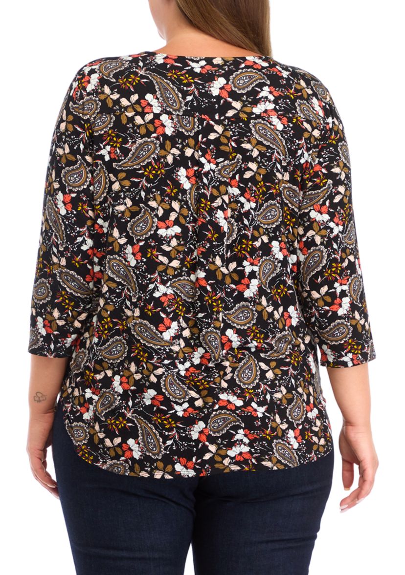 Plus Size Pleated Printed Back Knit Top