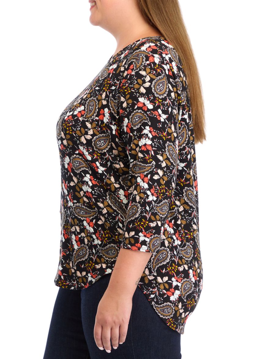 Plus Size Pleated Printed Back Knit Top
