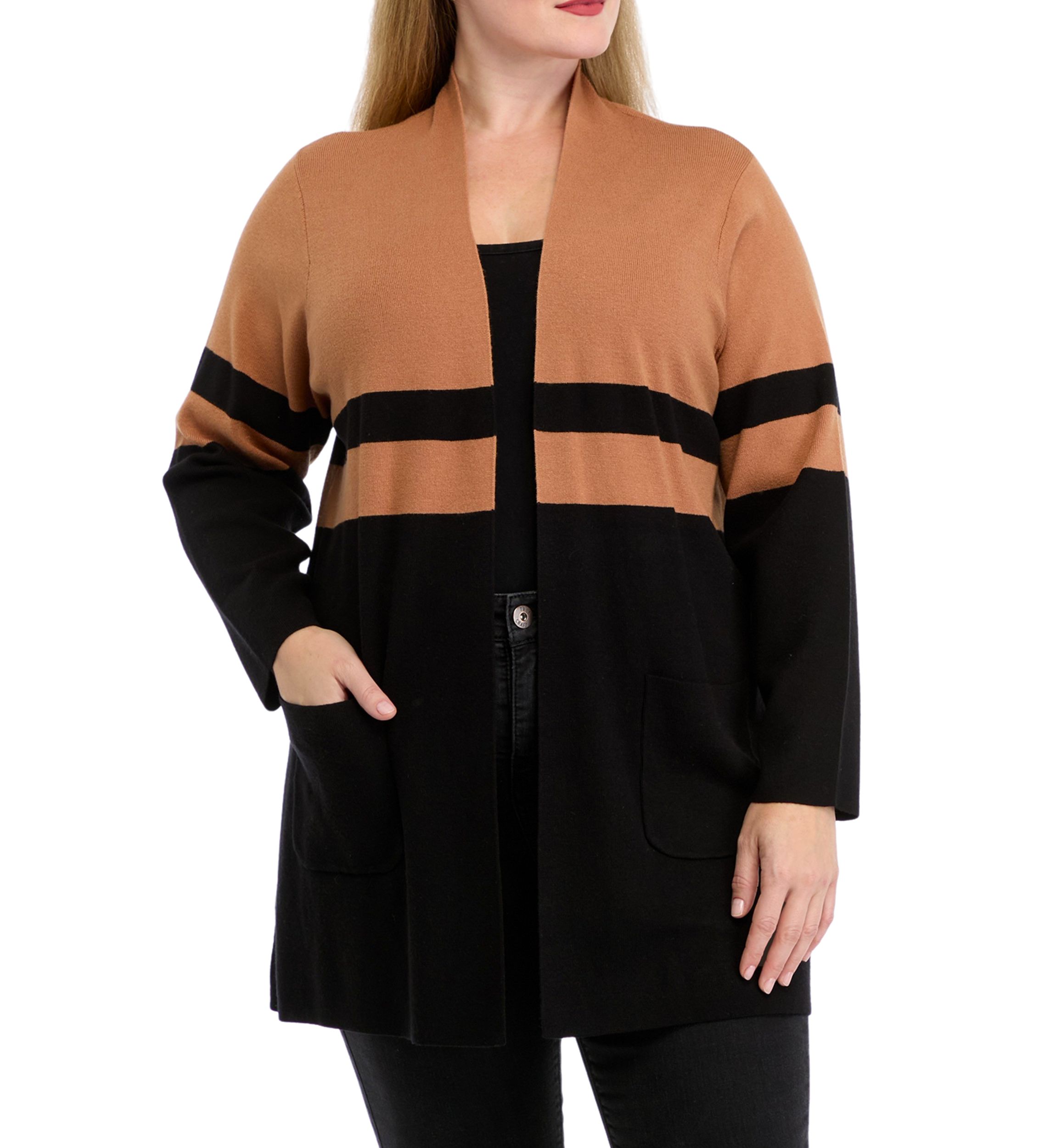 Plus Size Color Blocked Open Front Cardigan