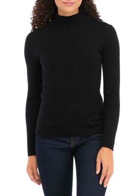 PHILOSOPHY BY REPUBLIC Women's Petite Long Sleeve Mock Neck Ribbed Pullover, Black, PXL