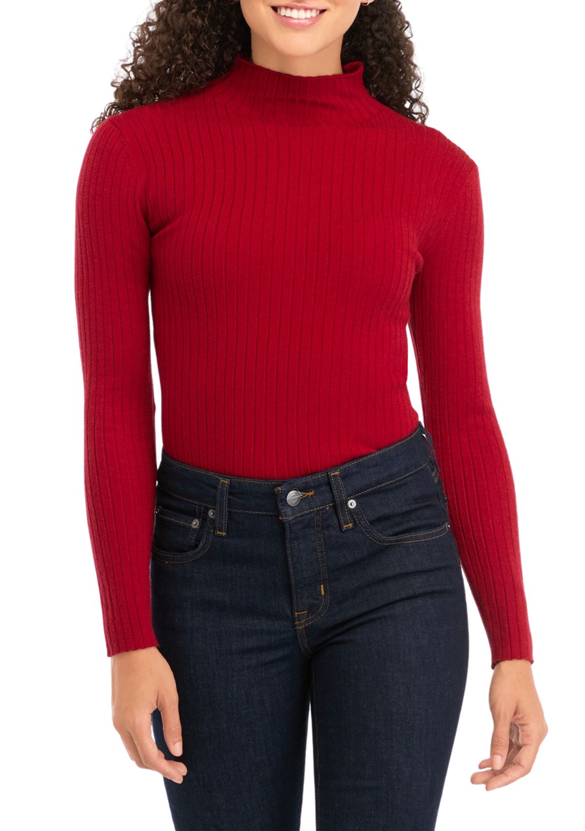 Petite Long Sleeve Mock Neck Ribbed Pullover